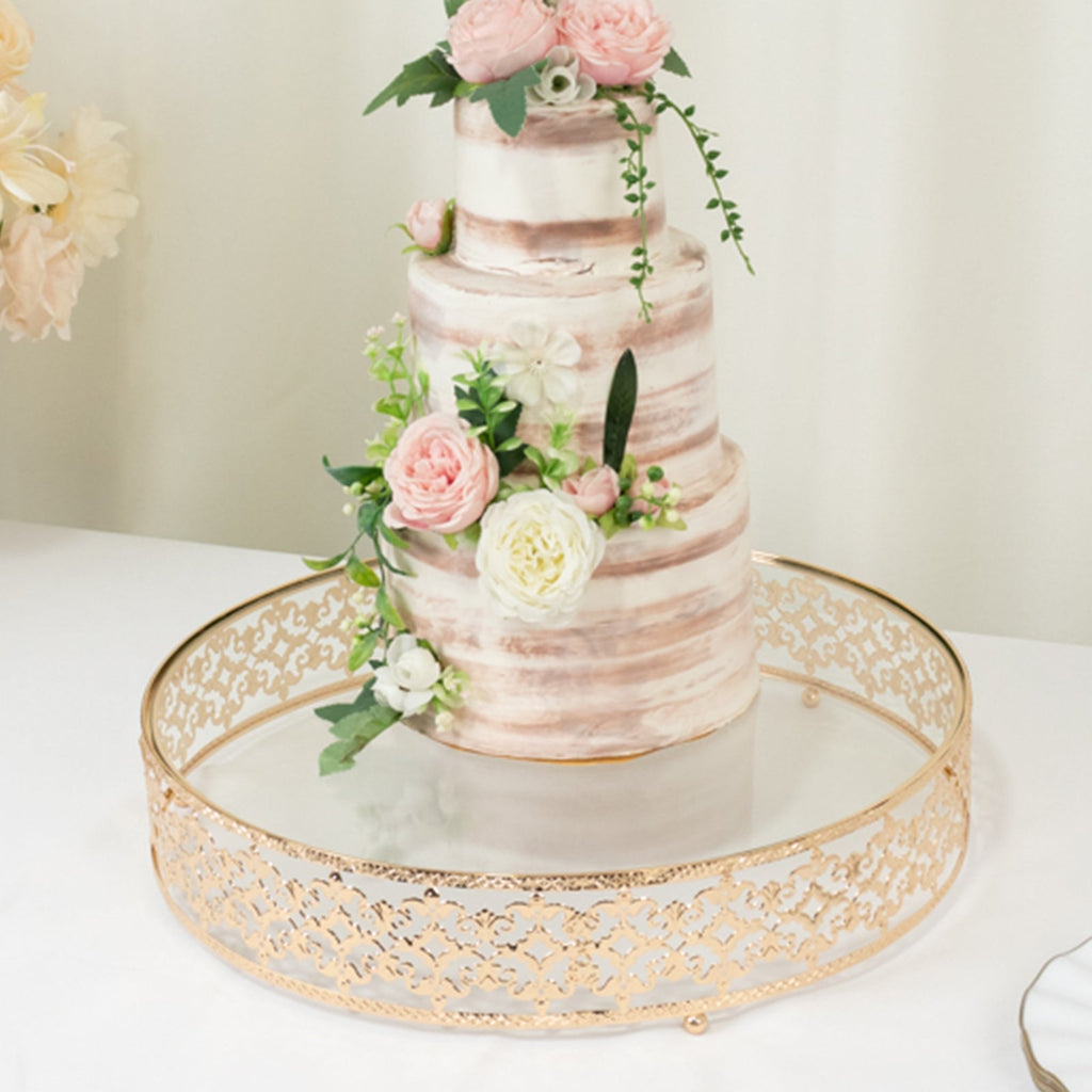 18" Gold Metal Cake Stand with Glass Top Baroque Ornate Style, Round Dessert Display Tray - Bell Racket Store