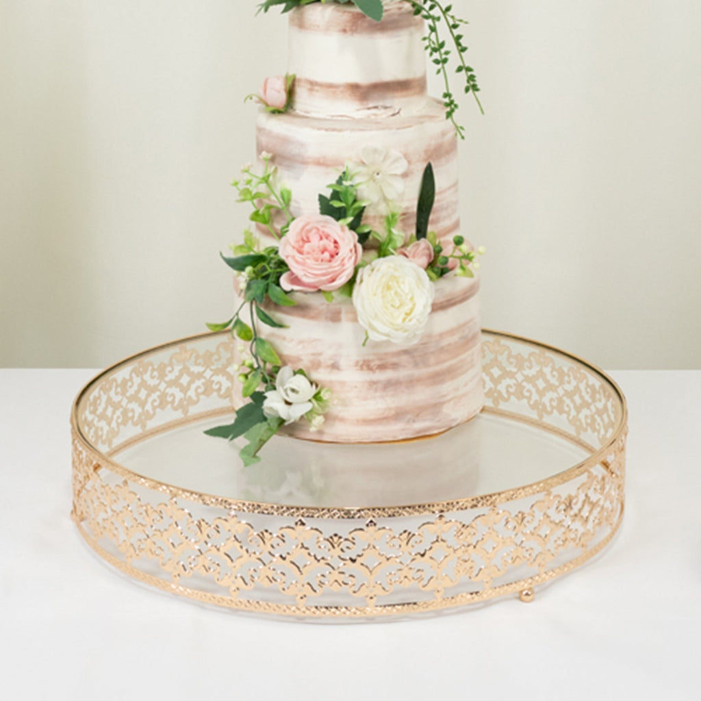 18" Gold Metal Cake Stand with Glass Top Baroque Ornate Style, Round Dessert Display Tray - Bell Racket Store
