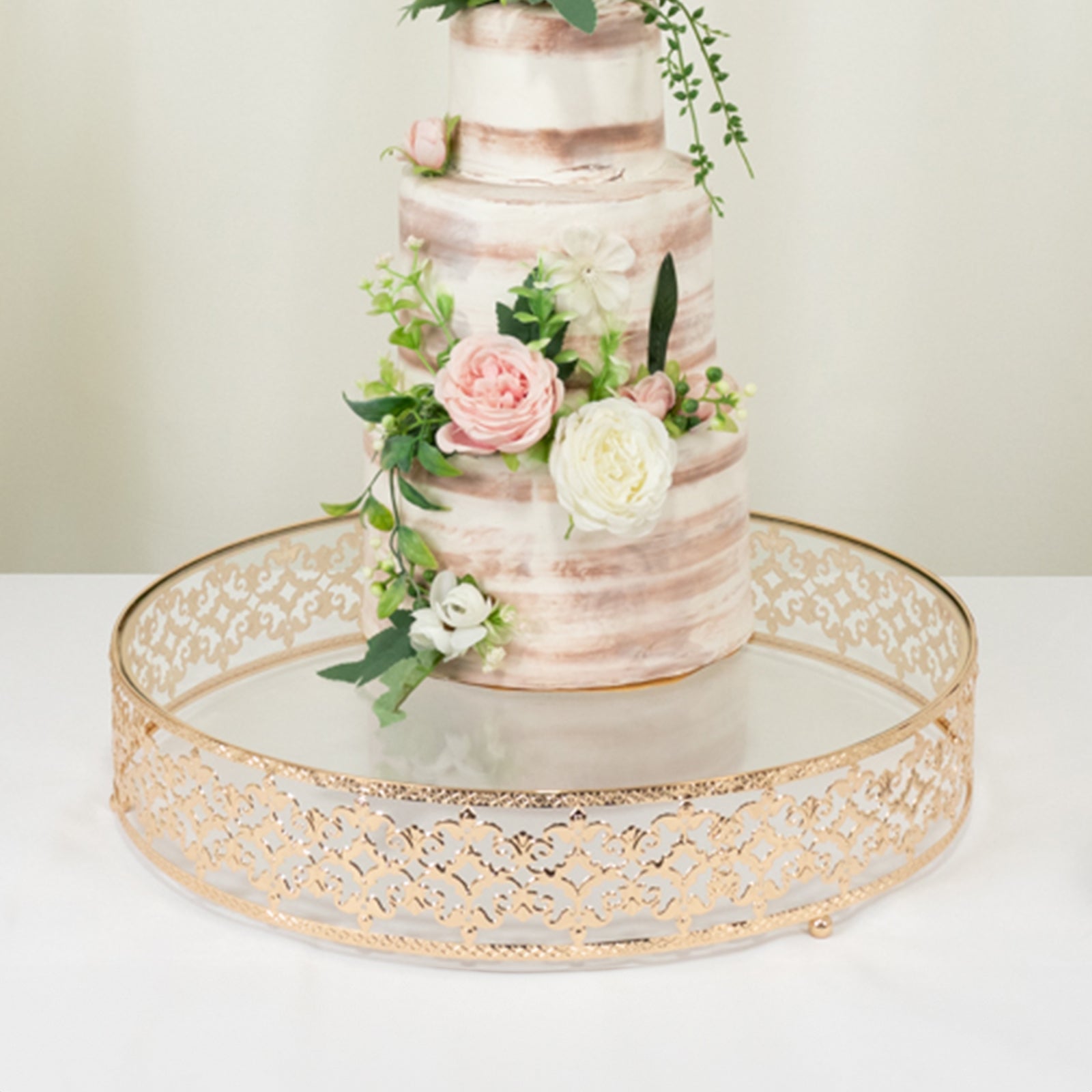 18" Gold Metal Cake Stand with Glass Top Baroque Ornate Style, Round Dessert Display Tray - Bell Racket Store