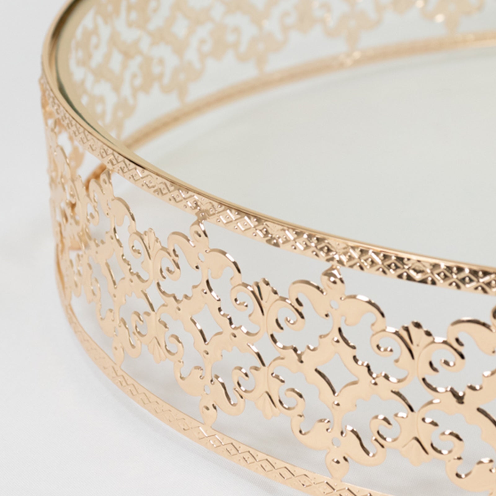 18" Gold Metal Cake Stand with Glass Top Baroque Ornate Style, Round Dessert Display Tray - Bell Racket Store