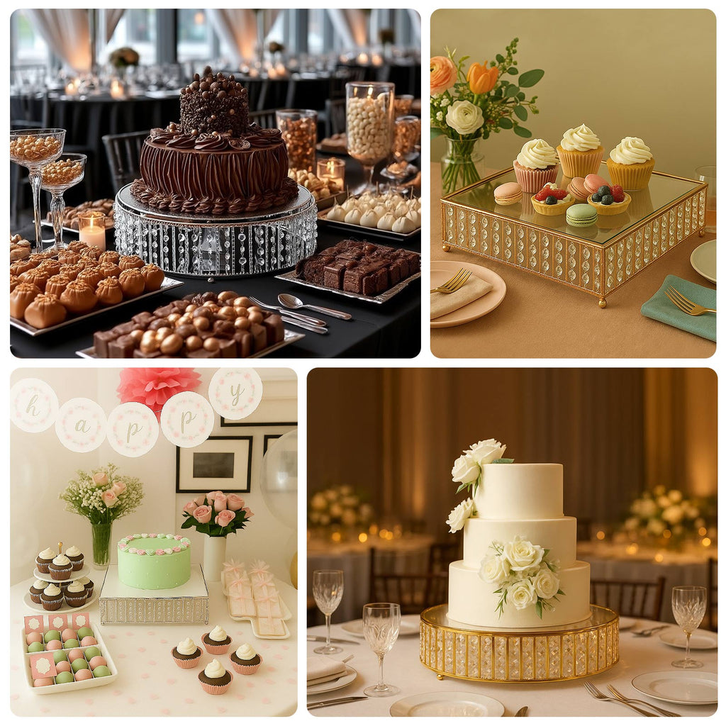 18" Round Gold Cake Stand with Hanging Crystal Beads and Glass Top â€“ Metal Dessert Display Tray - Bell Racket Store