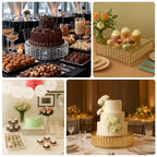 18" Round Gold Cake Stand with Hanging Crystal Beads and Glass Top â€“ Metal Dessert Display Tray - Bell Racket Store