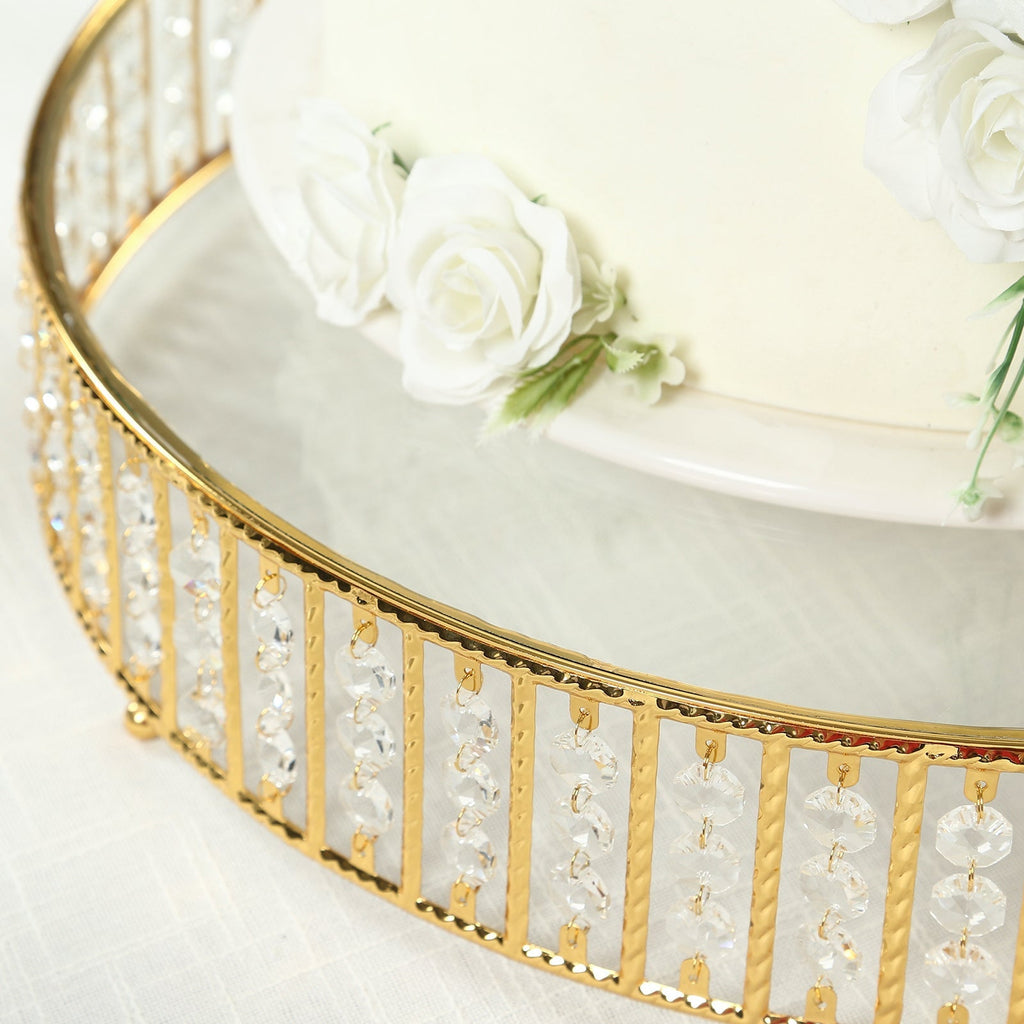 18" Round Gold Cake Stand with Hanging Crystal Beads and Glass Top â€“ Metal Dessert Display Tray - Bell Racket Store