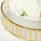 18" Round Gold Cake Stand with Hanging Crystal Beads and Glass Top â€“ Metal Dessert Display Tray - Bell Racket Store