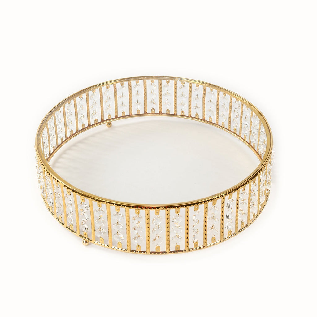18" Round Gold Cake Stand with Hanging Crystal Beads and Glass Top â€“ Metal Dessert Display Tray - Bell Racket Store