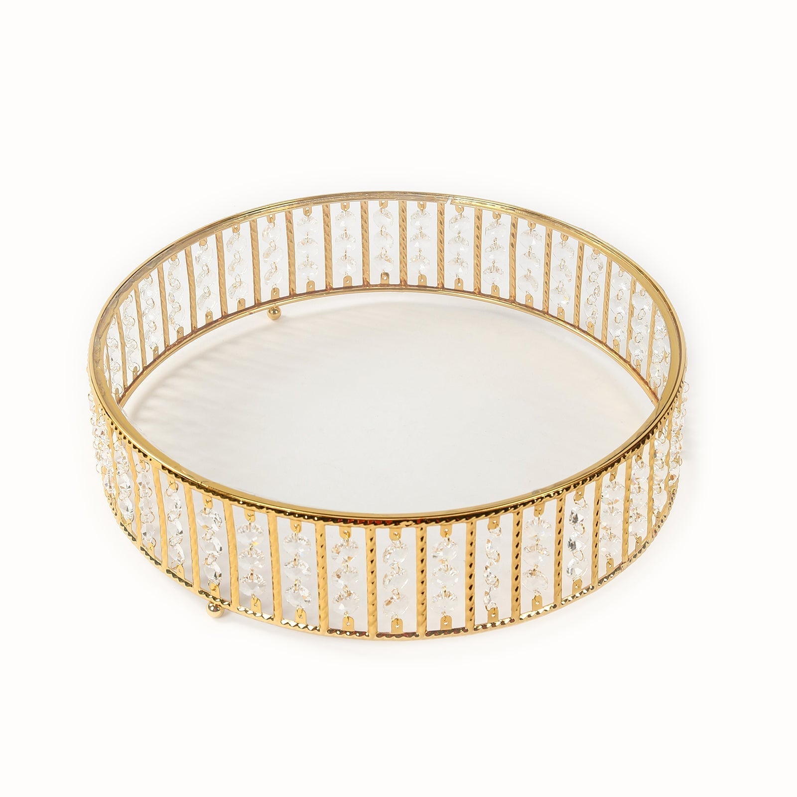 18" Round Gold Cake Stand with Hanging Crystal Beads and Glass Top â€“ Metal Dessert Display Tray - Bell Racket Store