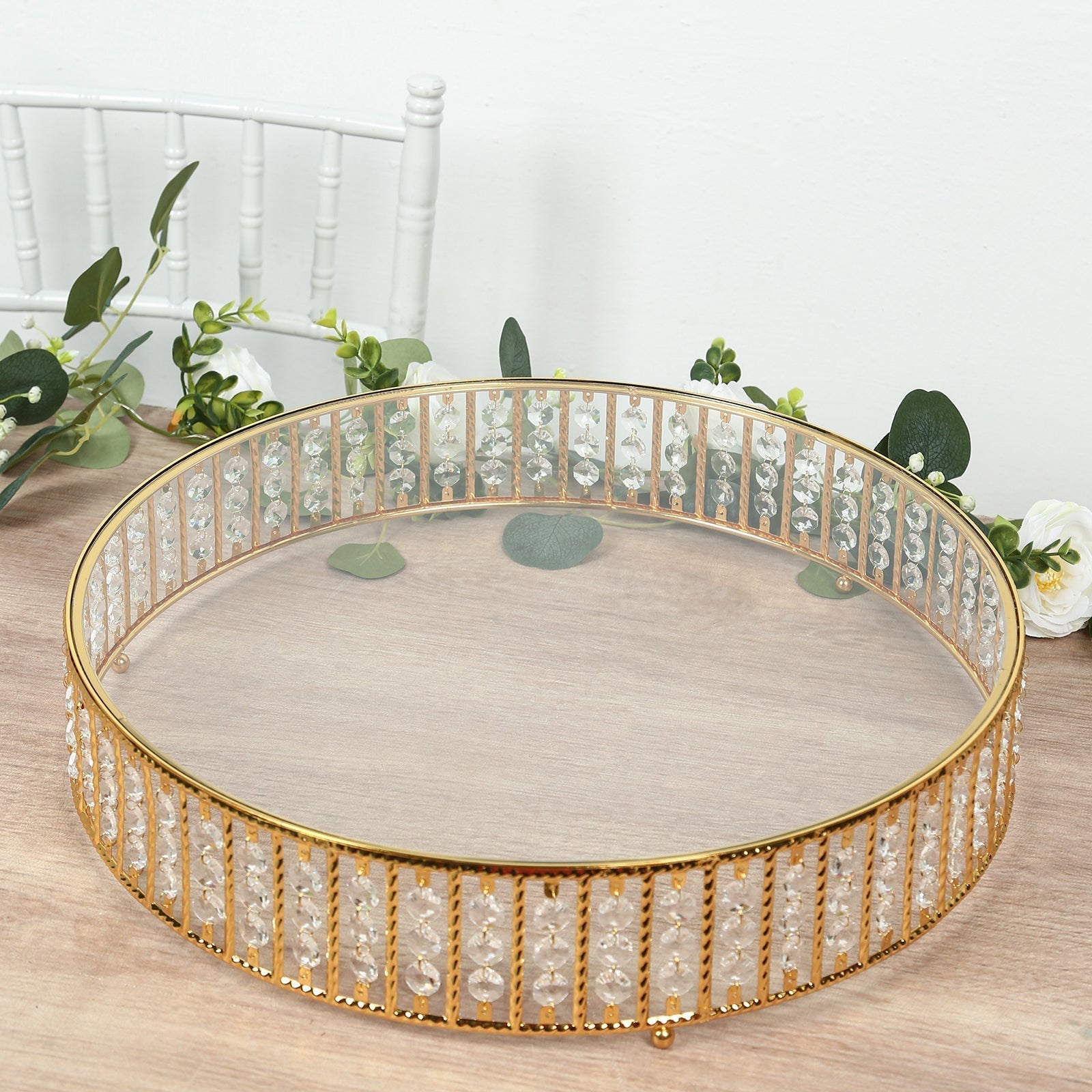 18" Round Gold Cake Stand with Hanging Crystal Beads and Glass Top â€“ Metal Dessert Display Tray - Bell Racket Store