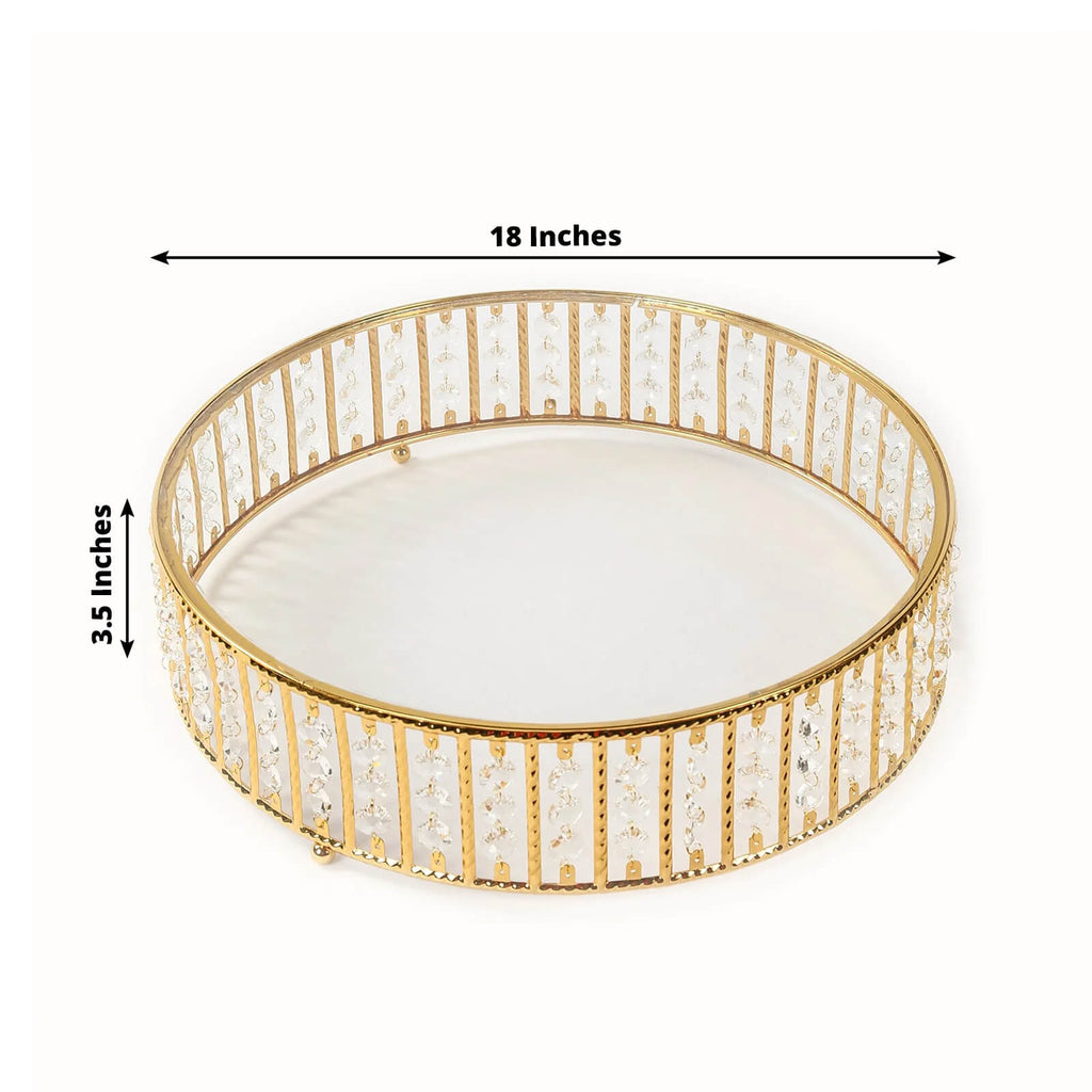 18" Round Gold Cake Stand with Hanging Crystal Beads and Glass Top â€“ Metal Dessert Display Tray - Bell Racket Store