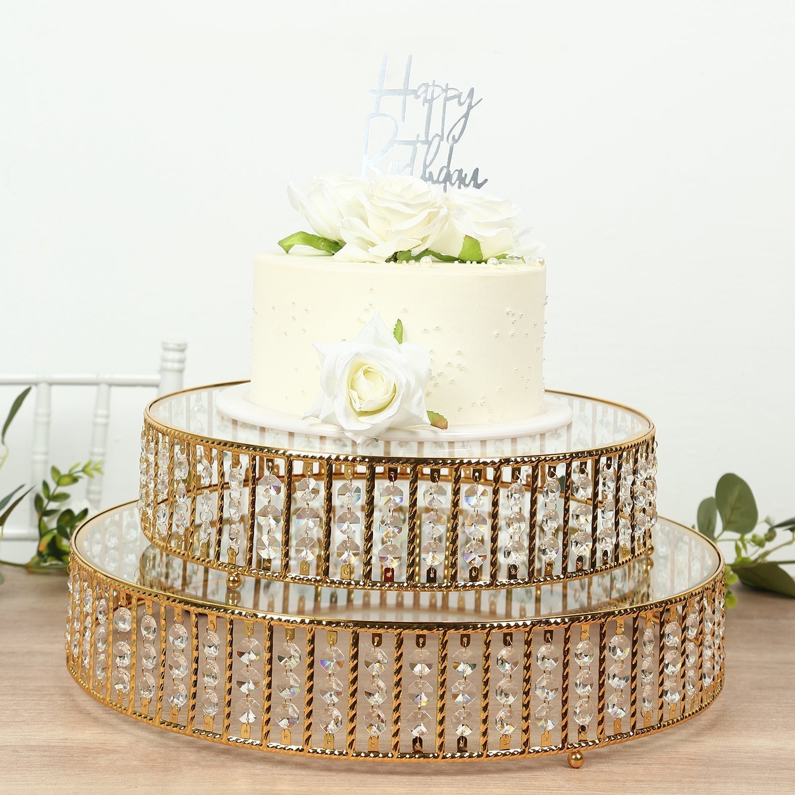 18" Round Gold Cake Stand with Hanging Crystal Beads and Glass Top â€“ Metal Dessert Display Tray - Bell Racket Store