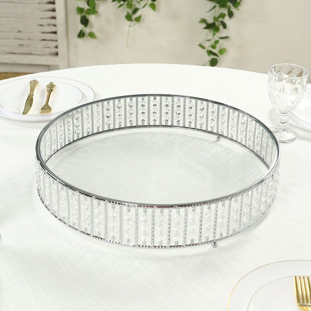 18" Round Silver Cake Stand with Hanging Crystal Beads and Glass Top â€“ Metal Dessert Display Tray - Bell Racket Store