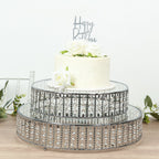18" Round Silver Cake Stand with Hanging Crystal Beads and Glass Top â€“ Metal Dessert Display Tray - Bell Racket Store