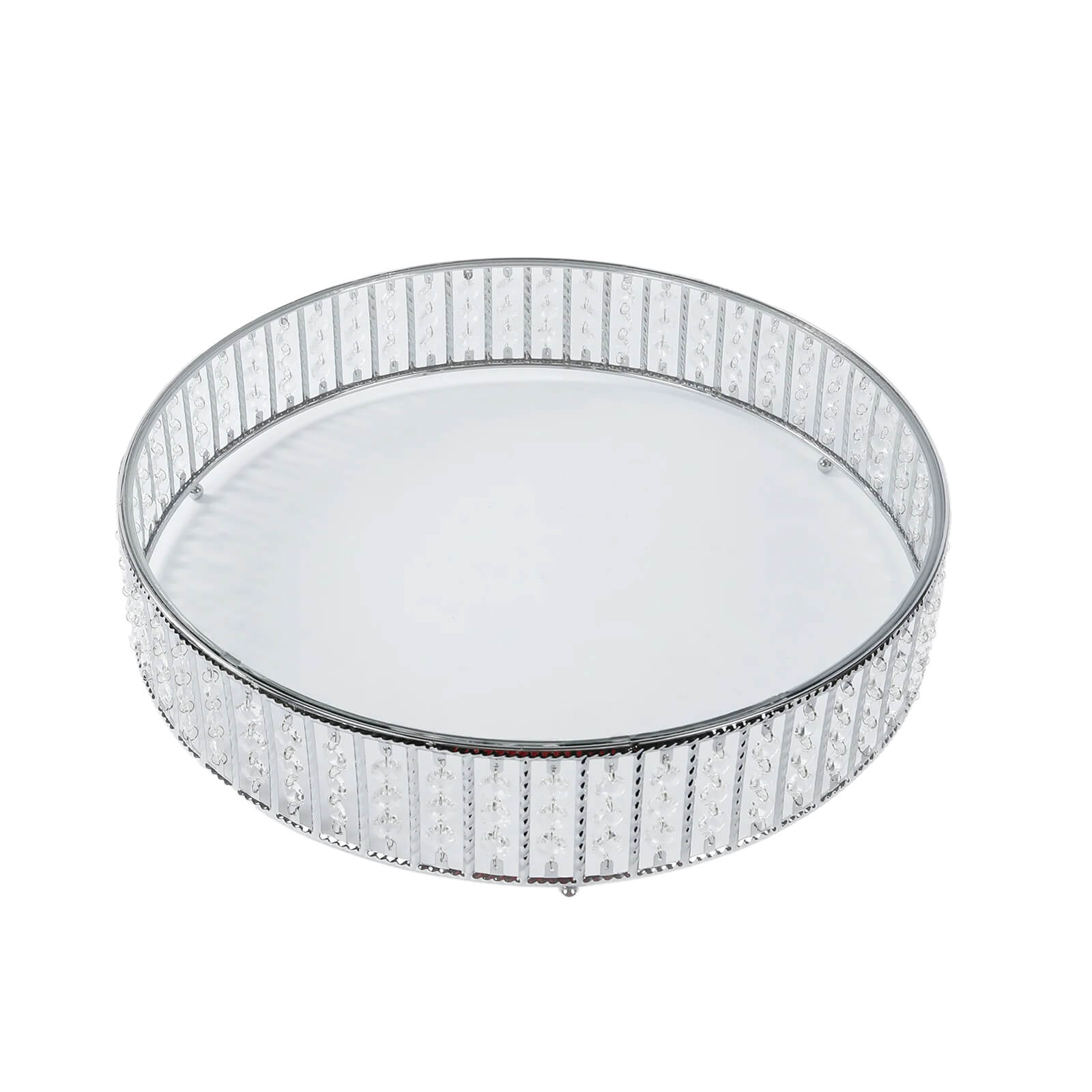18" Round Silver Cake Stand with Hanging Crystal Beads and Glass Top â€“ Metal Dessert Display Tray - Bell Racket Store