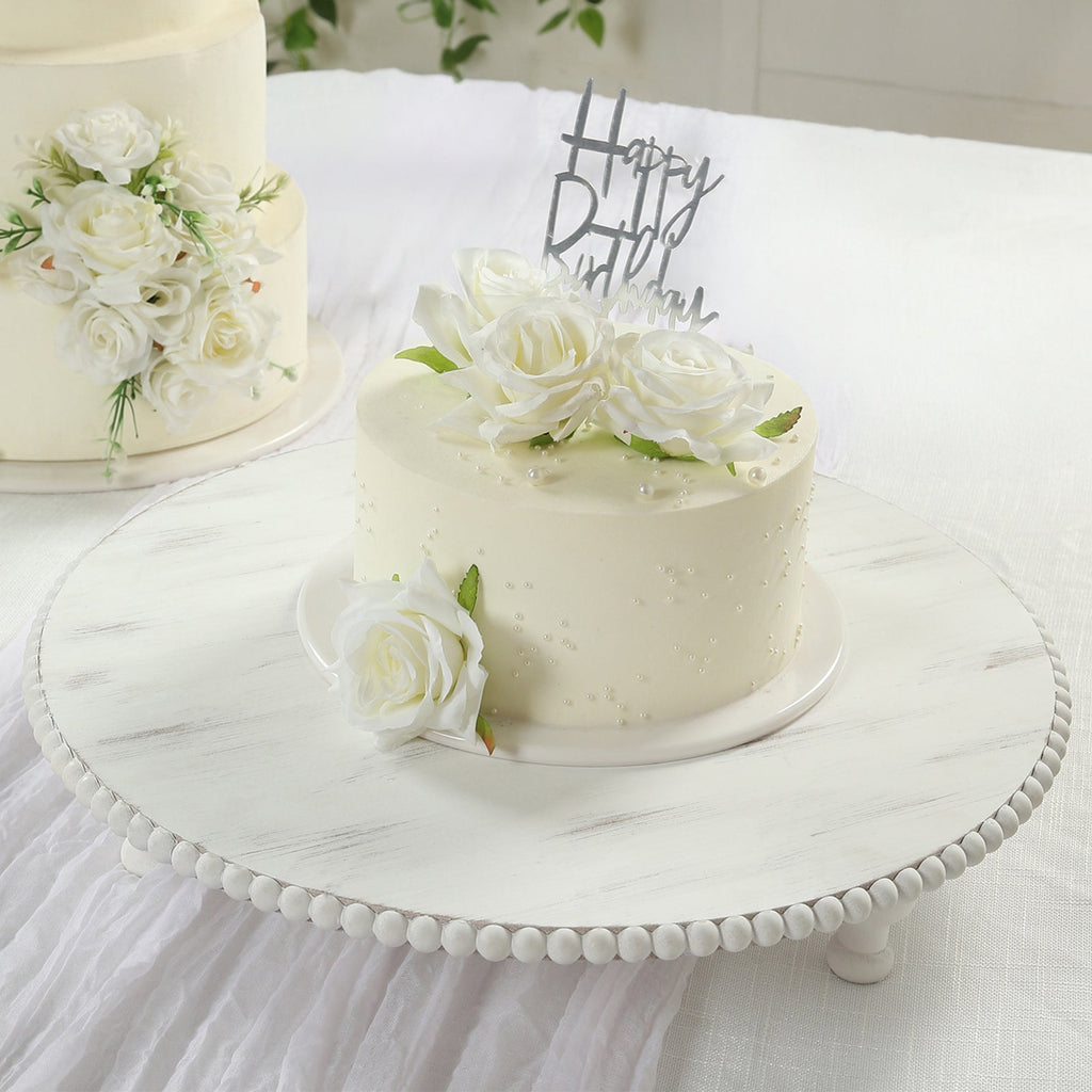 18" Rustic Wooden Cake Stand â€“ Antique White Pedestal with Beaded Edge, Cupcake Display or Wood Slice Tray - Bell Racket Store