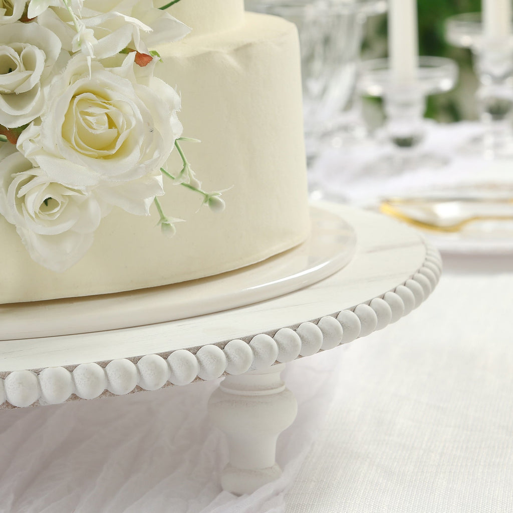 18" Rustic Wooden Cake Stand â€“ Antique White Pedestal with Beaded Edge, Cupcake Display or Wood Slice Tray - Bell Racket Store