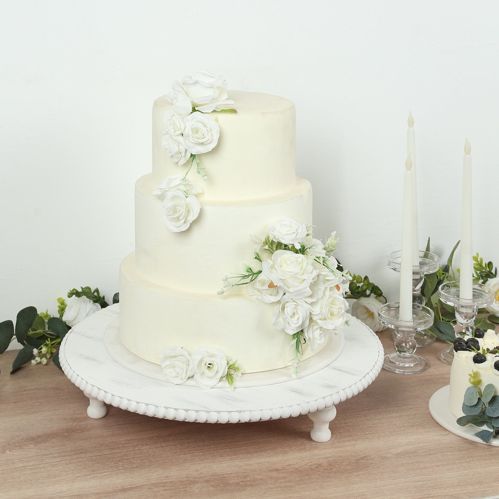18" Rustic Wooden Cake Stand â€“ Antique White Pedestal with Beaded Edge, Cupcake Display or Wood Slice Tray - Bell Racket Store