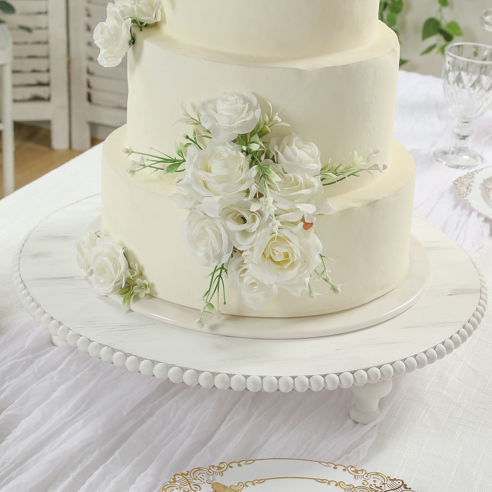 18" Rustic Wooden Cake Stand â€“ Antique White Pedestal with Beaded Edge, Cupcake Display or Wood Slice Tray - Bell Racket Store