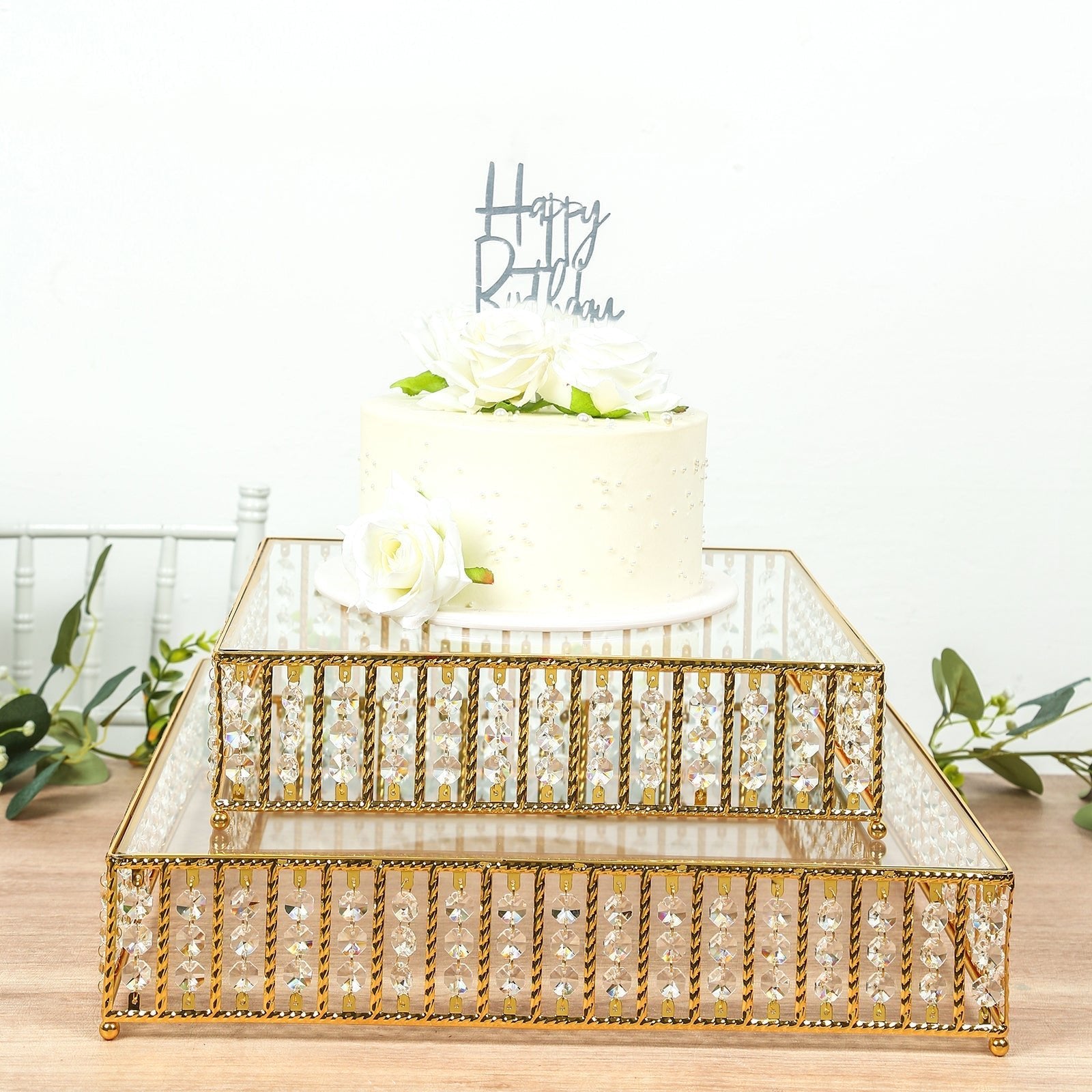 18" Square Gold Cake Stand with Hanging Crystal Beads and Glass Top â€“ Metal Dessert Display Tray - Bell Racket Store