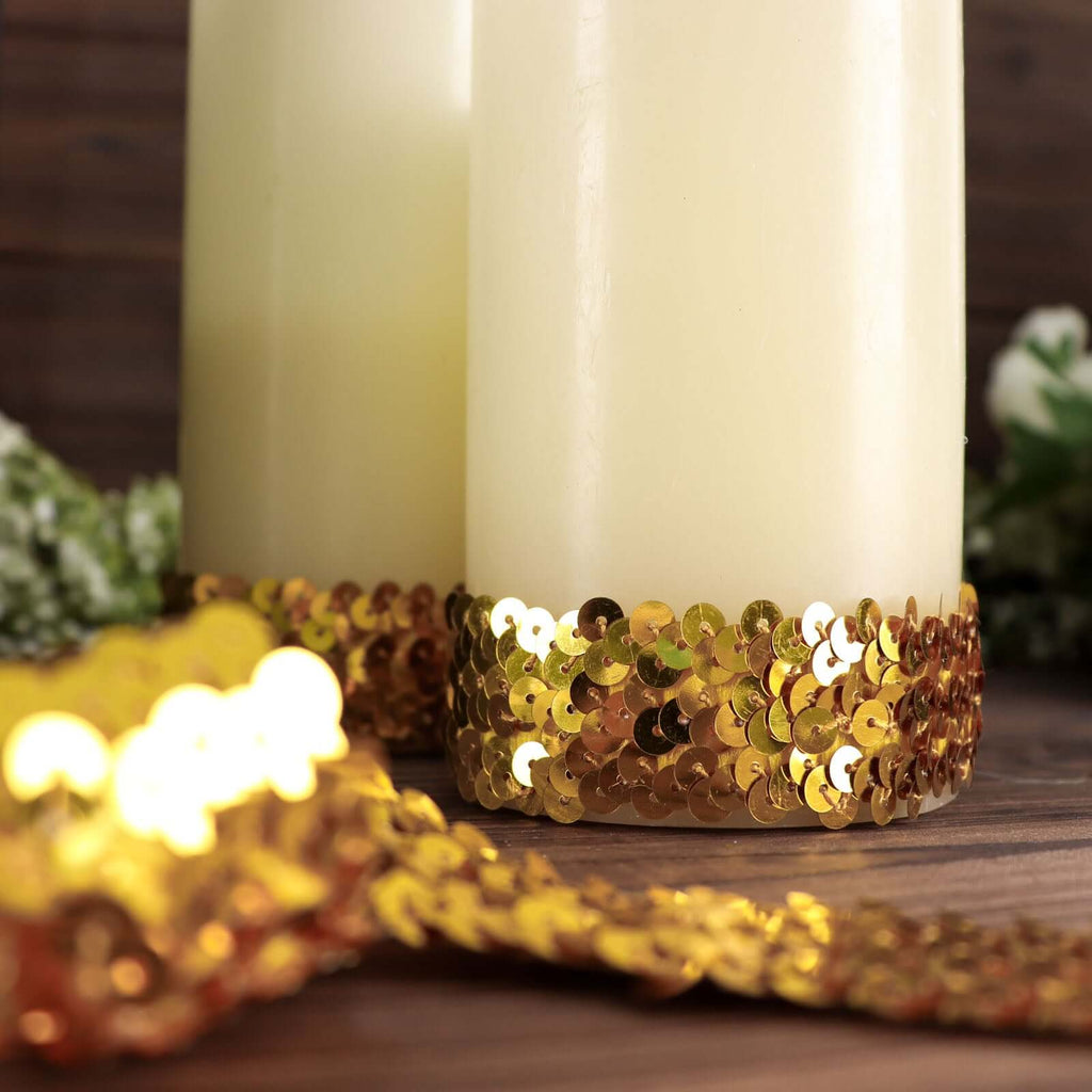 1"x10 Yards Metallic Gold Sequin Stretch Fabric Ribbon, Elastic Lace Trim, Shiny Glitter Craft Fabric - Bell Racket Store