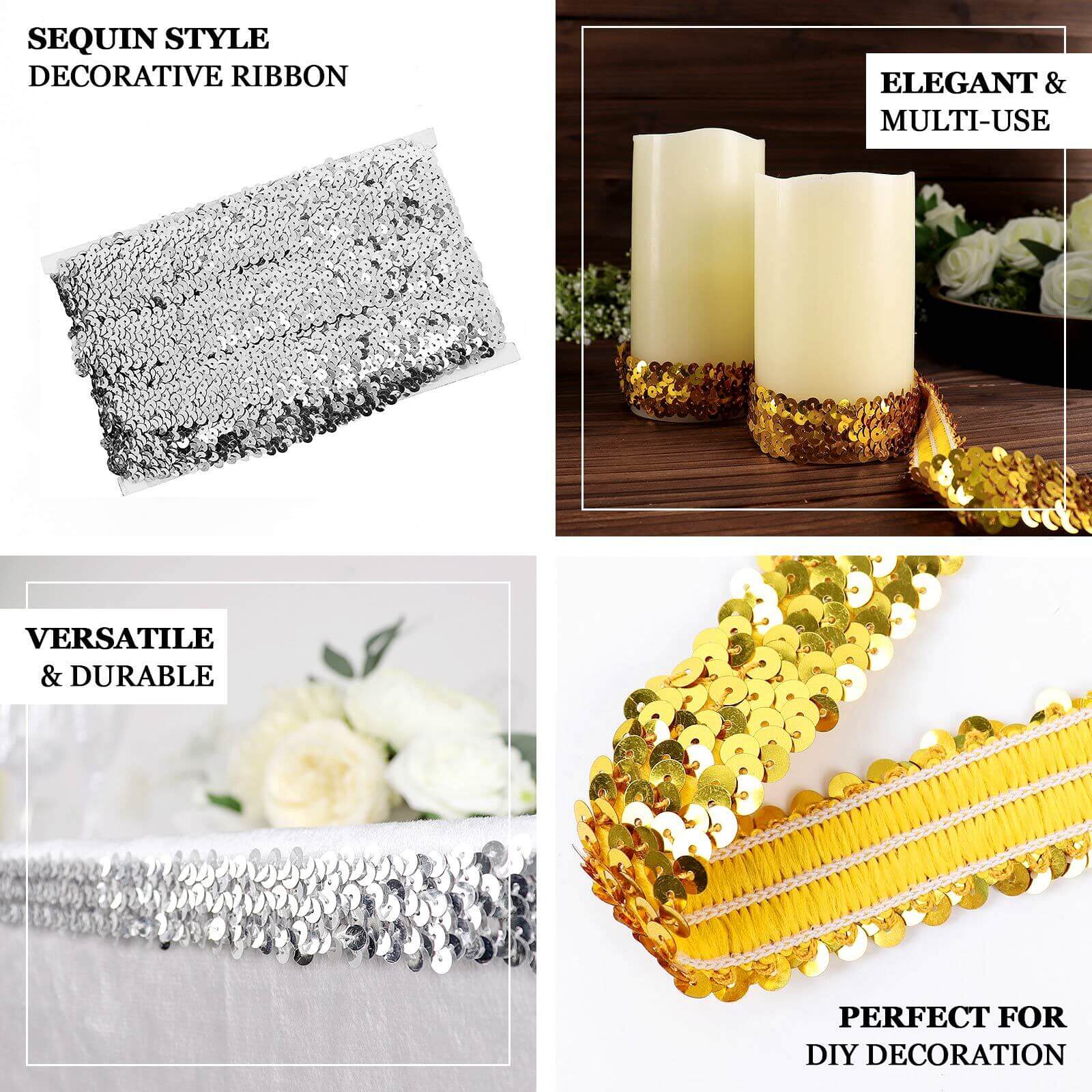 1"x10 Yards Metallic Gold Sequin Stretch Fabric Ribbon, Elastic Lace Trim, Shiny Glitter Craft Fabric - Bell Racket Store