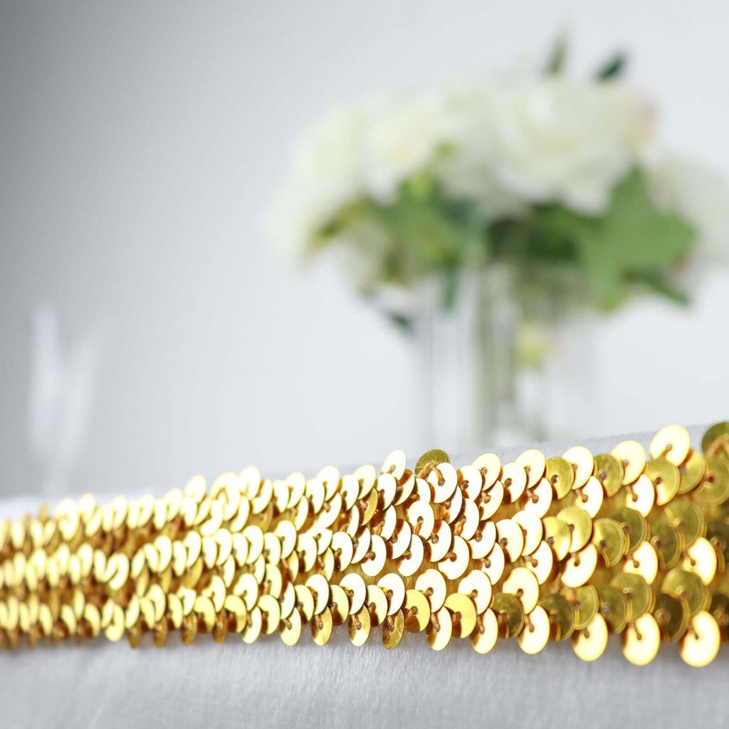 1"x10 Yards Metallic Gold Sequin Stretch Fabric Ribbon, Elastic Lace Trim, Shiny Glitter Craft Fabric - Bell Racket Store