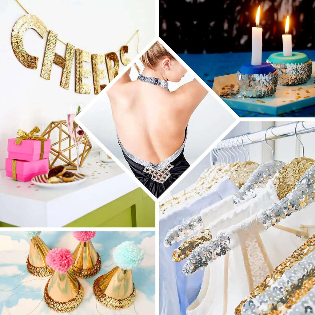 1"x10 Yards Metallic Silver Sequin Stretch Fabric Ribbon, Elastic Lace Trim, Shiny Glitter Craft Fabric - Bell Racket Store