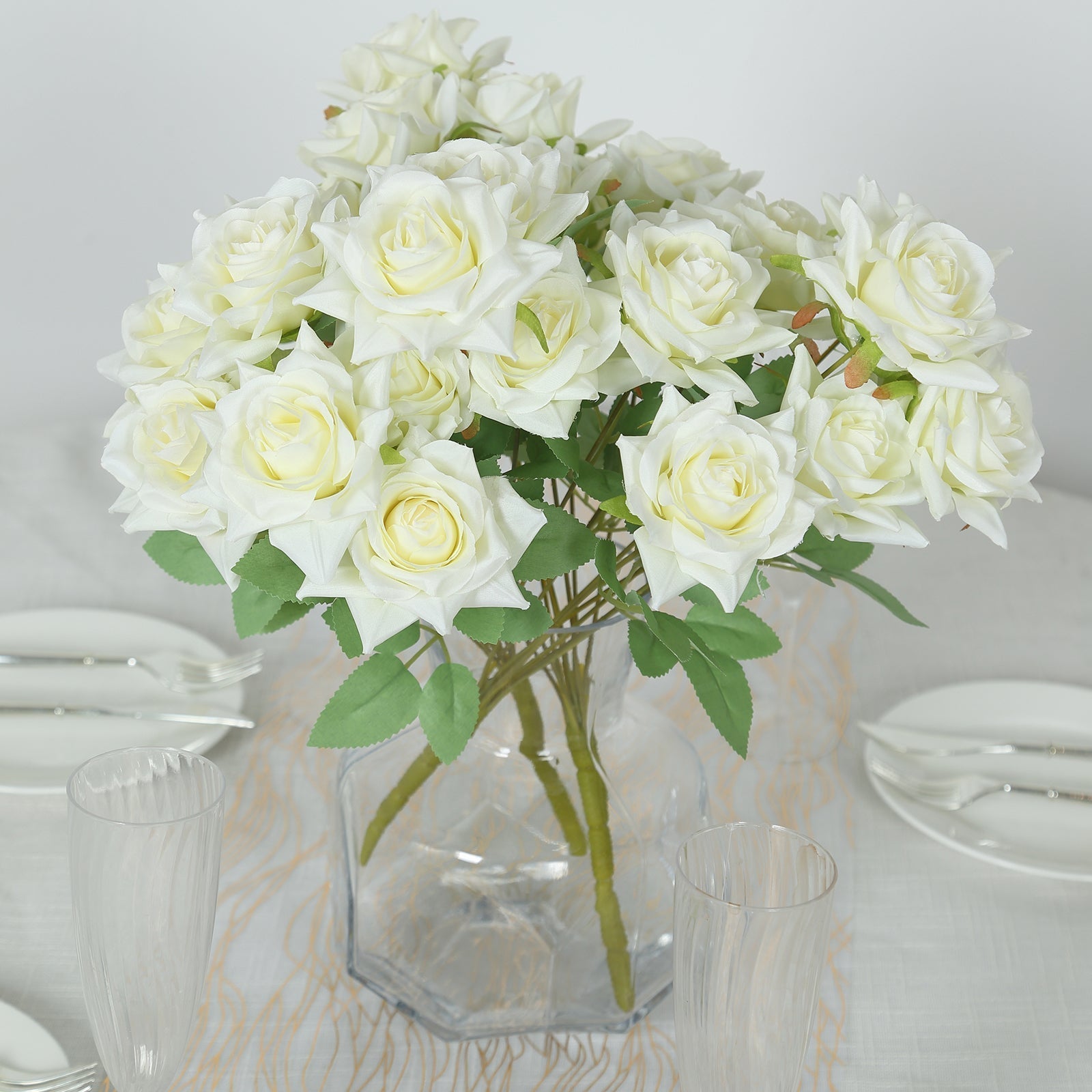 2 Bouquets 17" Ivory Real Touch Artificial Silk Rose Flower Bushes - Bell Racket Store
