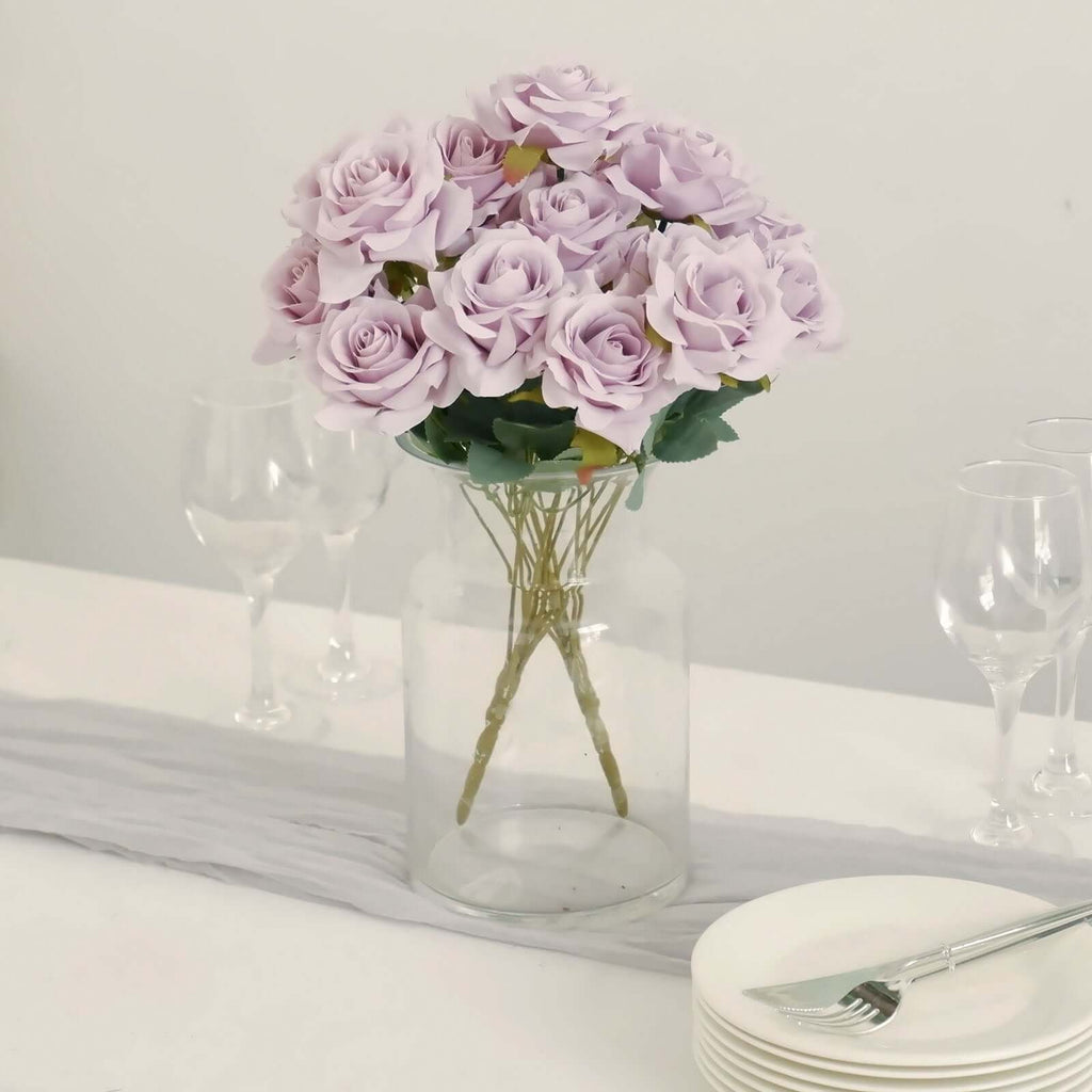 2 Bouquets 17" Lavender Lilac Real Touch Artificial Silk Rose Flower Bushes - Bell Racket Store