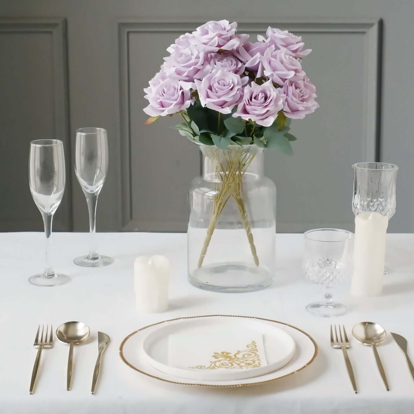 2 Bouquets 17" Lavender Lilac Real Touch Artificial Silk Rose Flower Bushes - Bell Racket Store