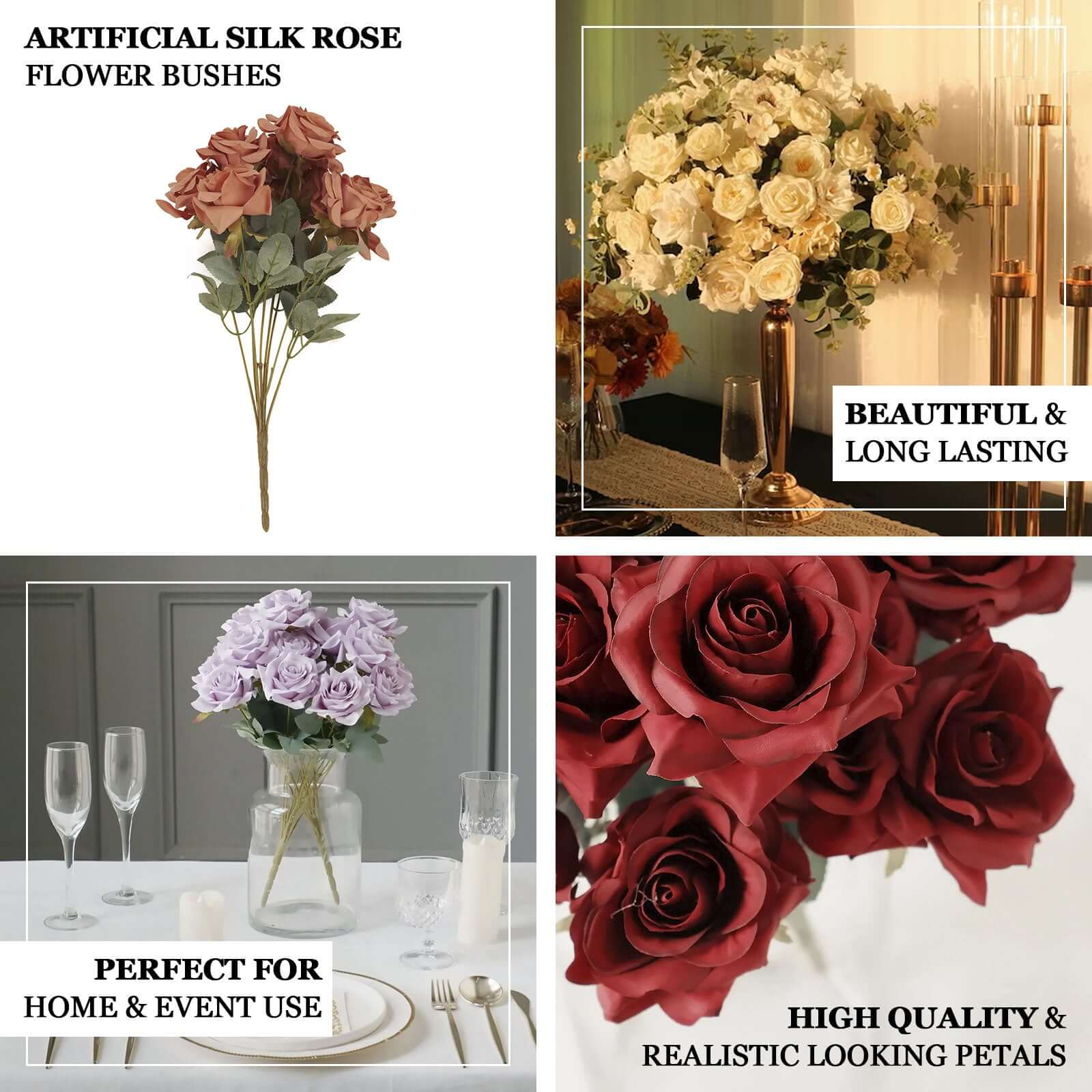 2 Bouquets 17" Terracotta (Rust) Real Touch Artificial Silk Rose Flower Bushes - Bell Racket Store