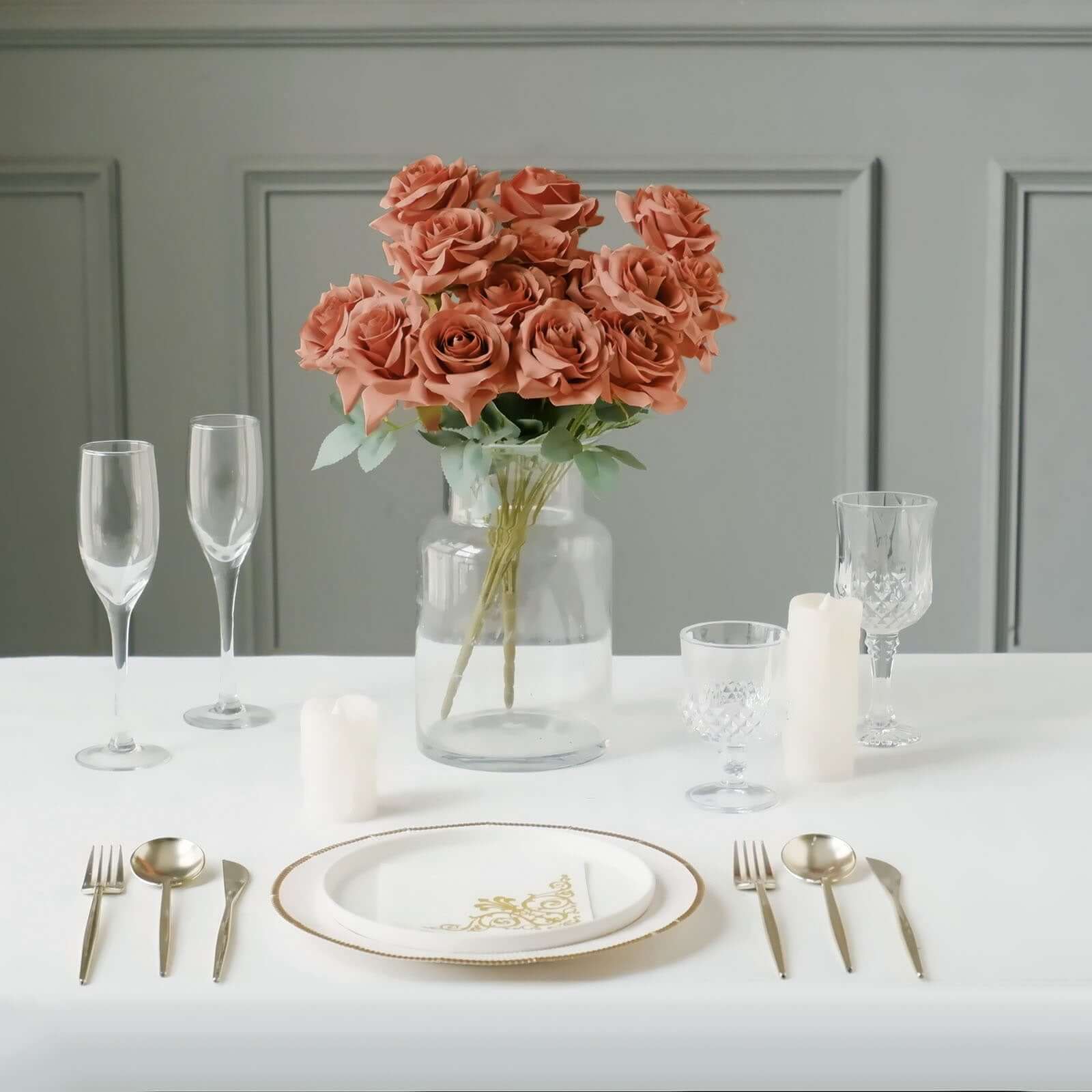 2 Bouquets 17" Terracotta (Rust) Real Touch Artificial Silk Rose Flower Bushes - Bell Racket Store