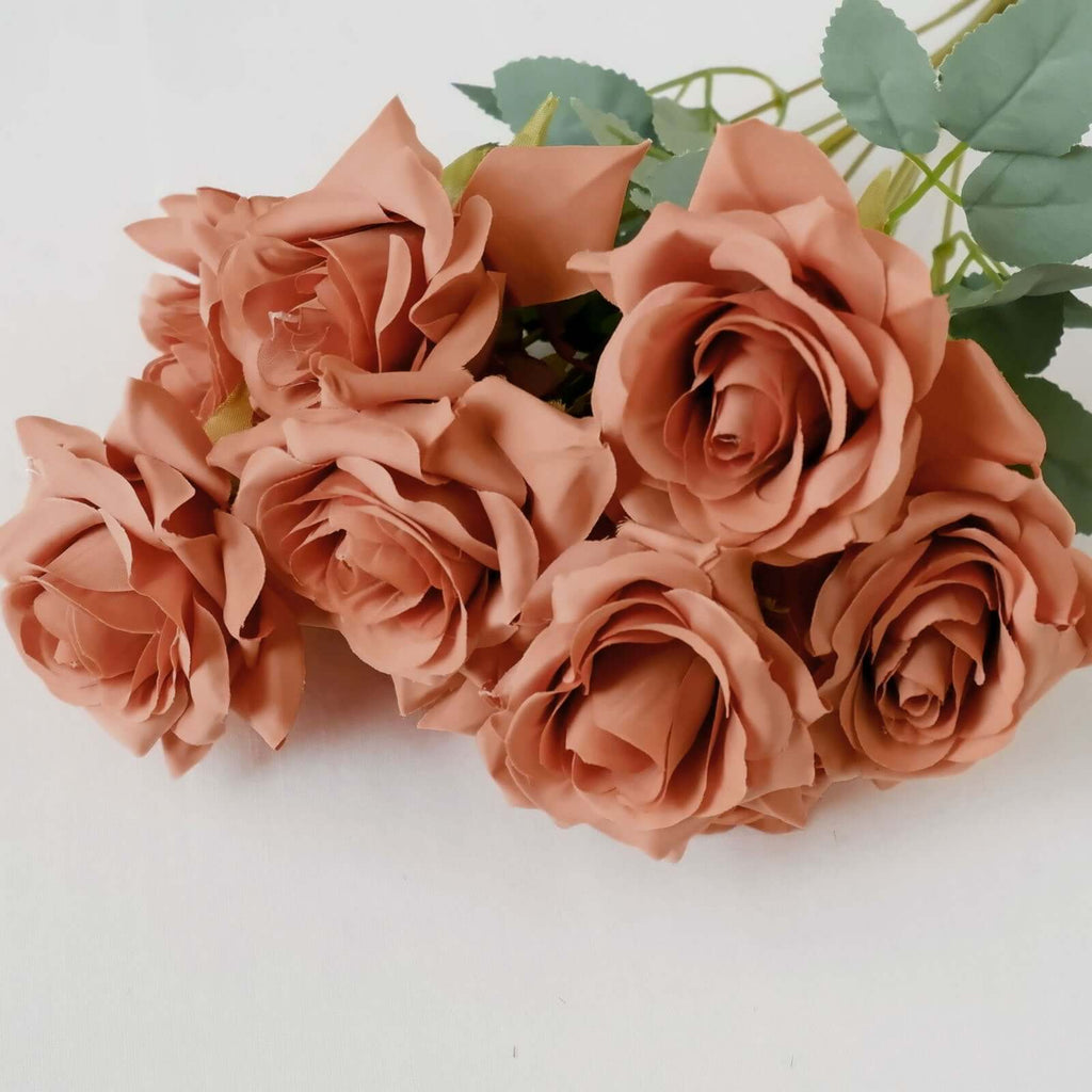 2 Bouquets 17" Terracotta (Rust) Real Touch Artificial Silk Rose Flower Bushes - Bell Racket Store