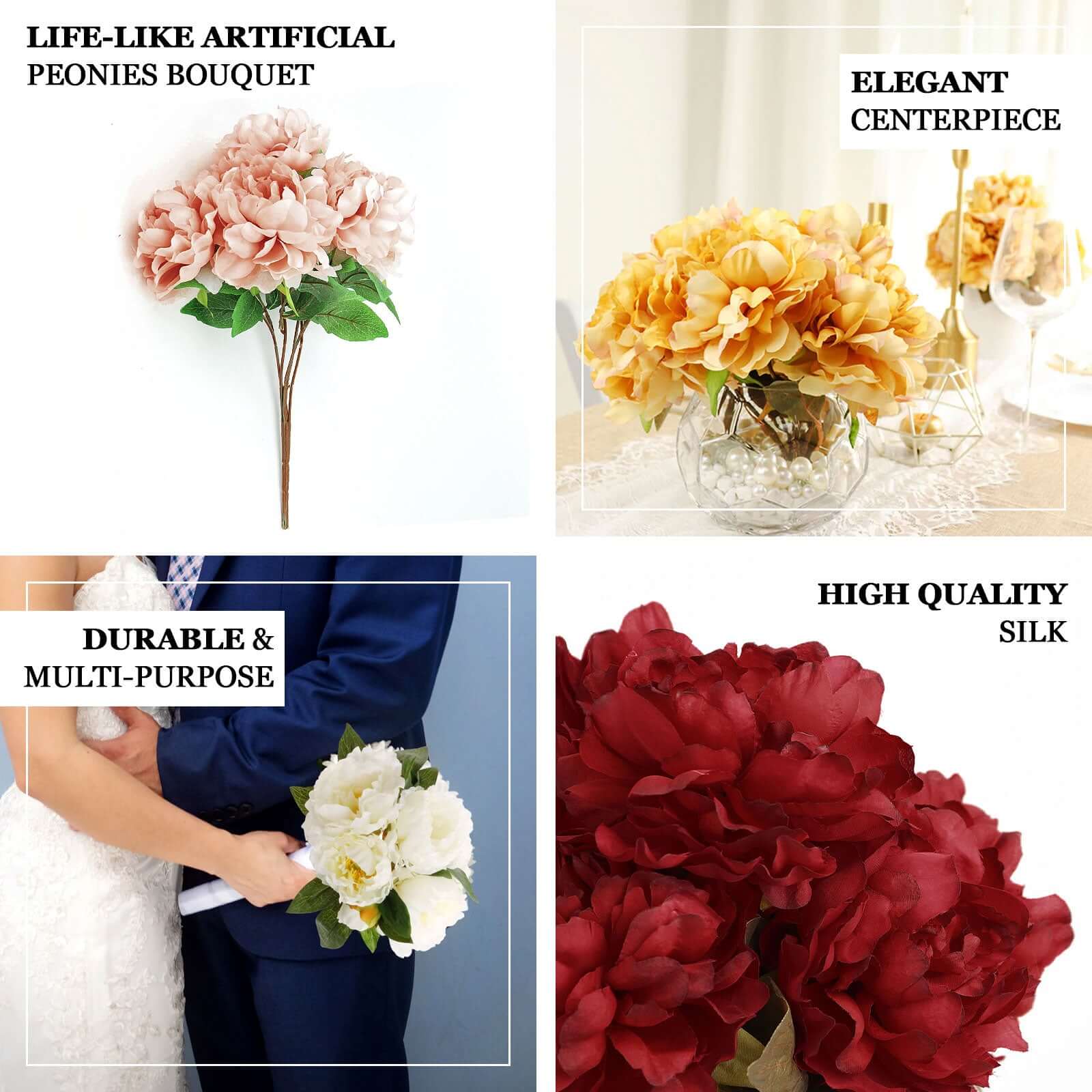 2 Bushes 17" Blush Artificial Silk Peony Flower Bouquets, Real Touch Peonies Spray - Bell Racket Store
