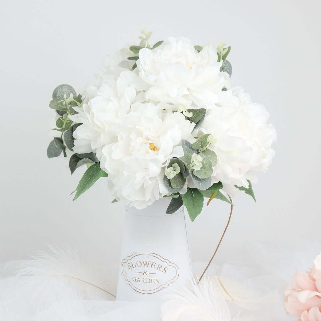 2 Bushes 17" White Artificial Silk Peony Flower Bouquets, Real Touch Peonies Spray - Bell Racket Store