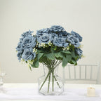 2 Bushes 18" Real Touch Artificial Rose Flower Bouquet, Dusty Blue Silk Long Stem Flower Arrangements - Bell Racket Store