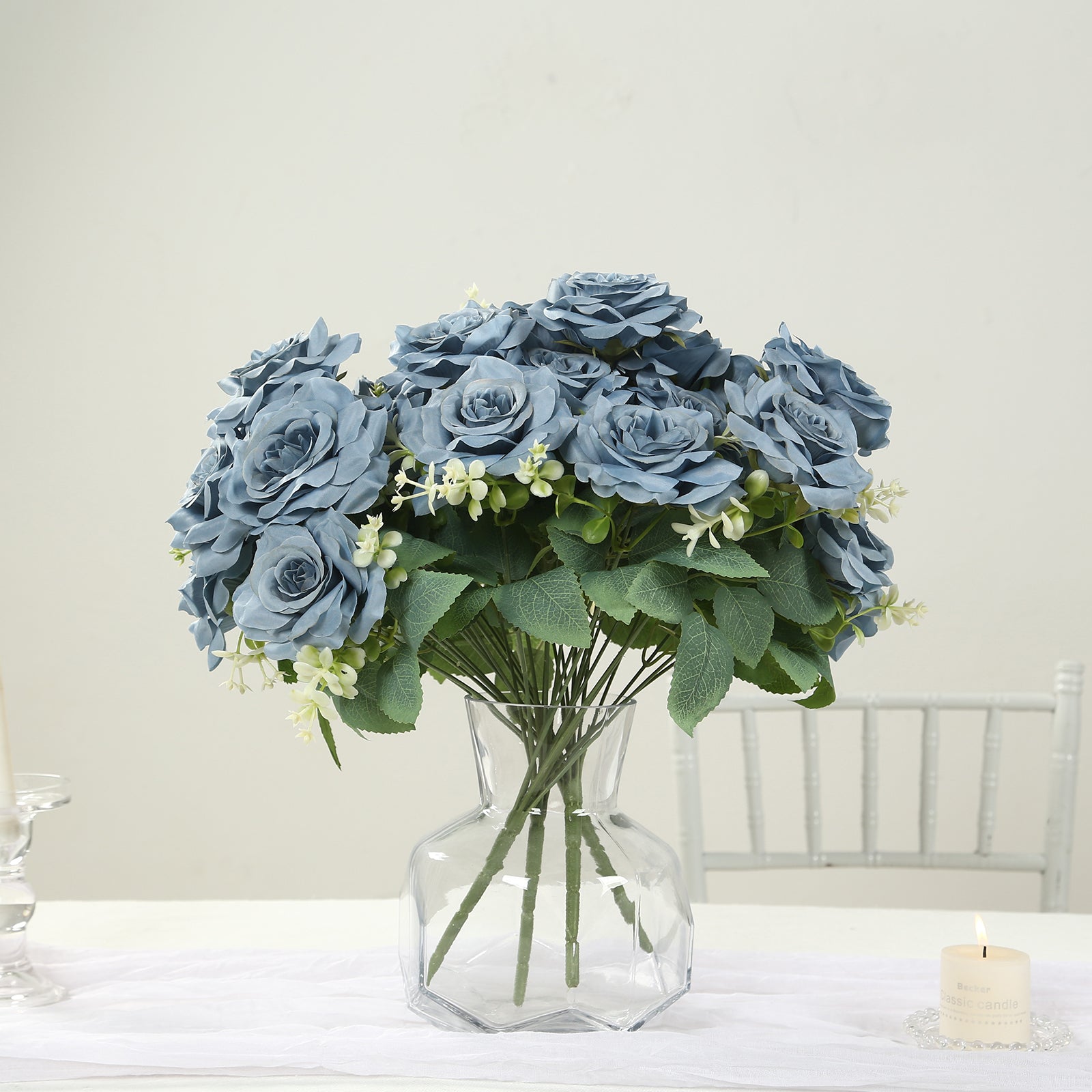2 Bushes 18" Real Touch Artificial Rose Flower Bouquet, Dusty Blue Silk Long Stem Flower Arrangements - Bell Racket Store
