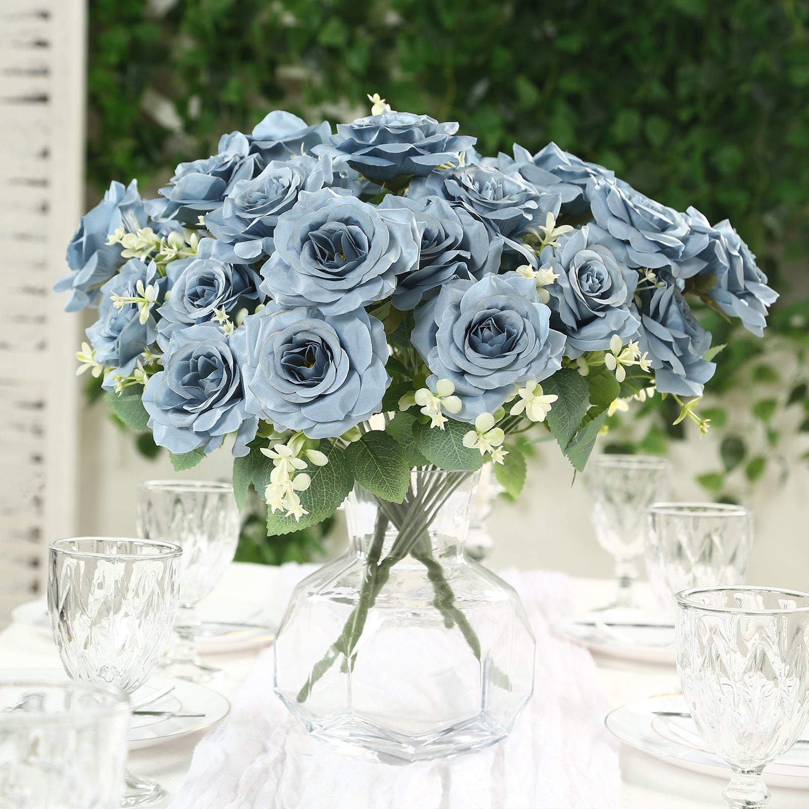 2 Bushes 18" Real Touch Artificial Rose Flower Bouquet, Dusty Blue Silk Long Stem Flower Arrangements - Bell Racket Store