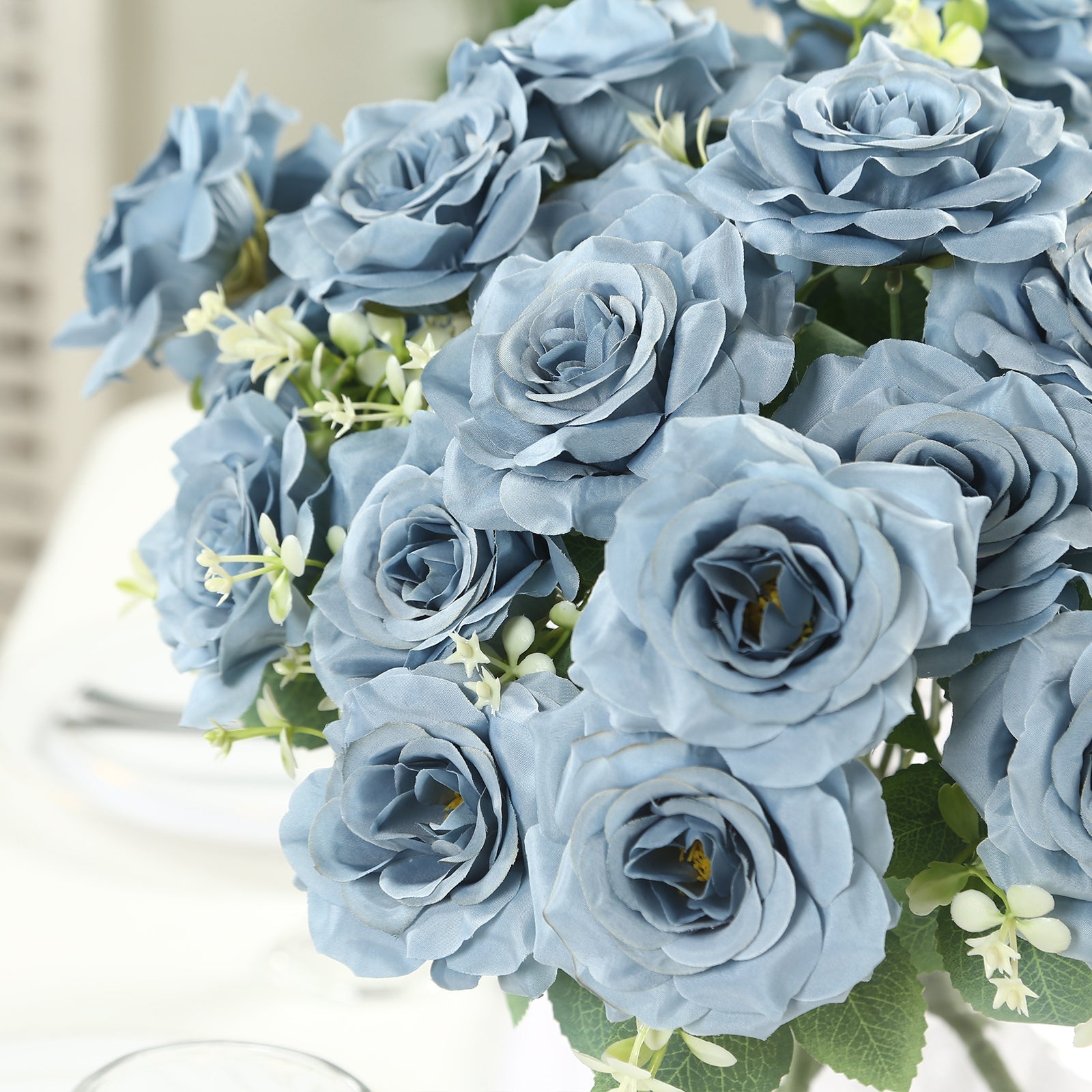2 Bushes 18" Real Touch Artificial Rose Flower Bouquet, Dusty Blue Silk Long Stem Flower Arrangements - Bell Racket Store