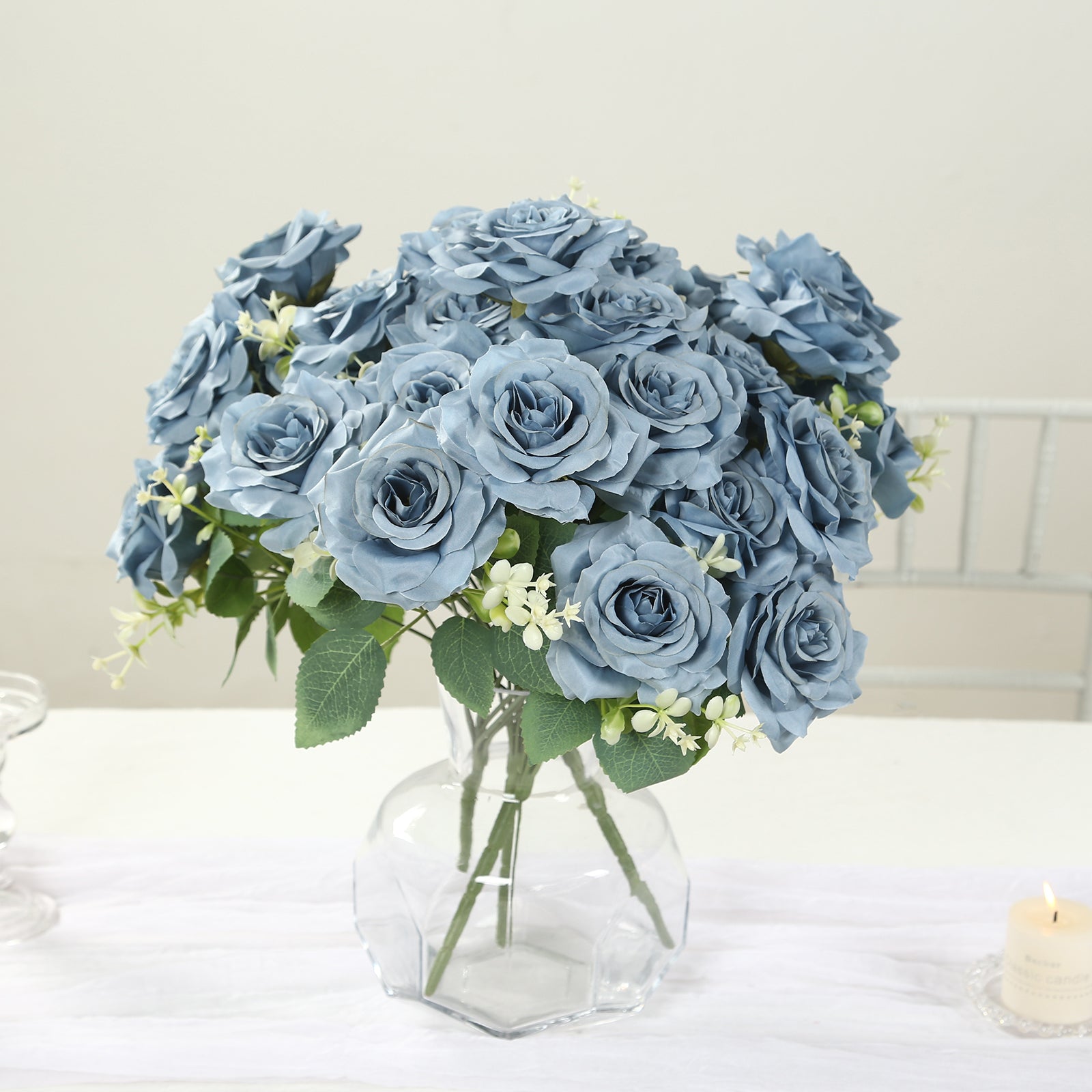 2 Bushes 18" Real Touch Artificial Rose Flower Bouquet, Dusty Blue Silk Long Stem Flower Arrangements - Bell Racket Store