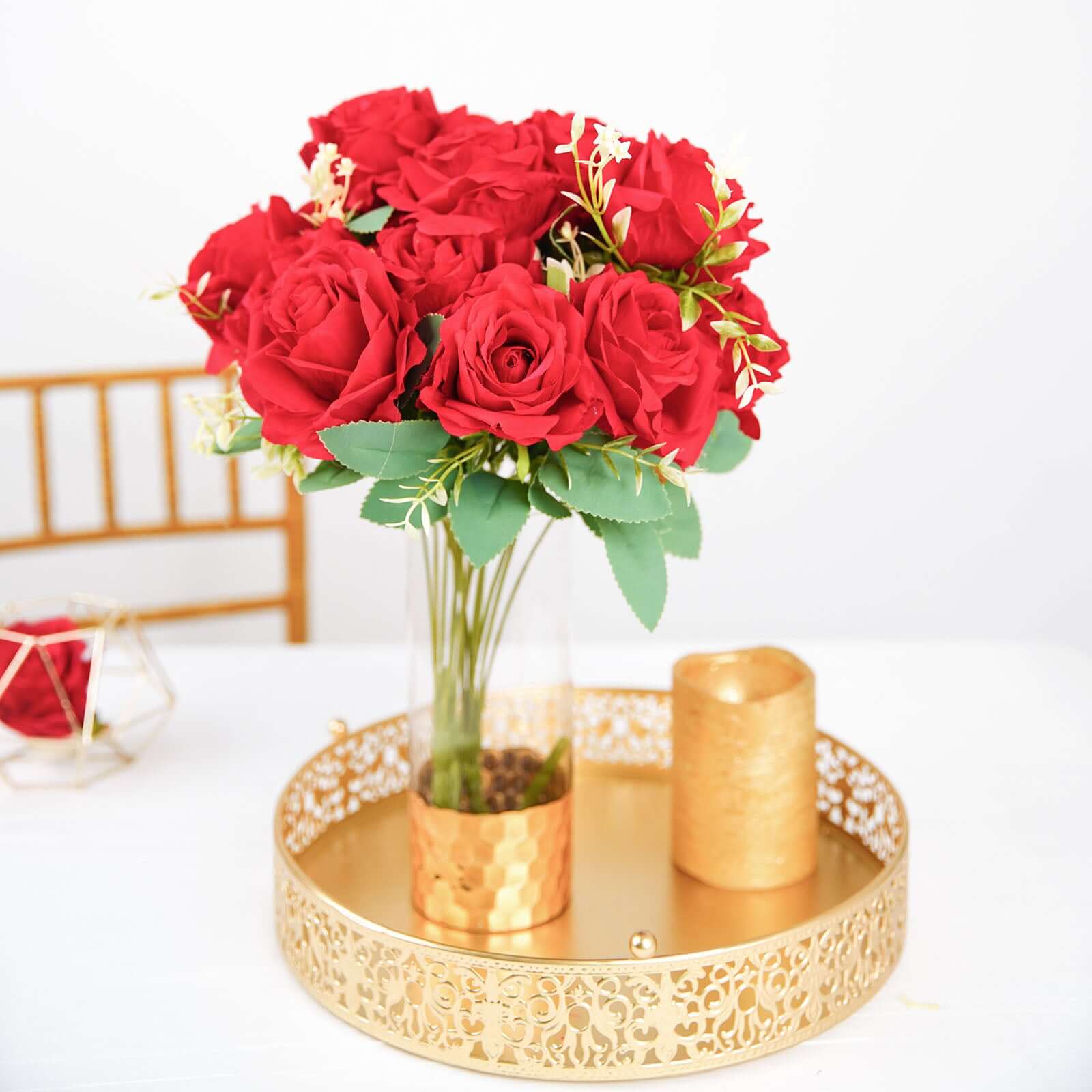2 Bushes 18" Real Touch Red Artificial Rose Flower Bouquet, Silk Long Stem Flower Arrangements