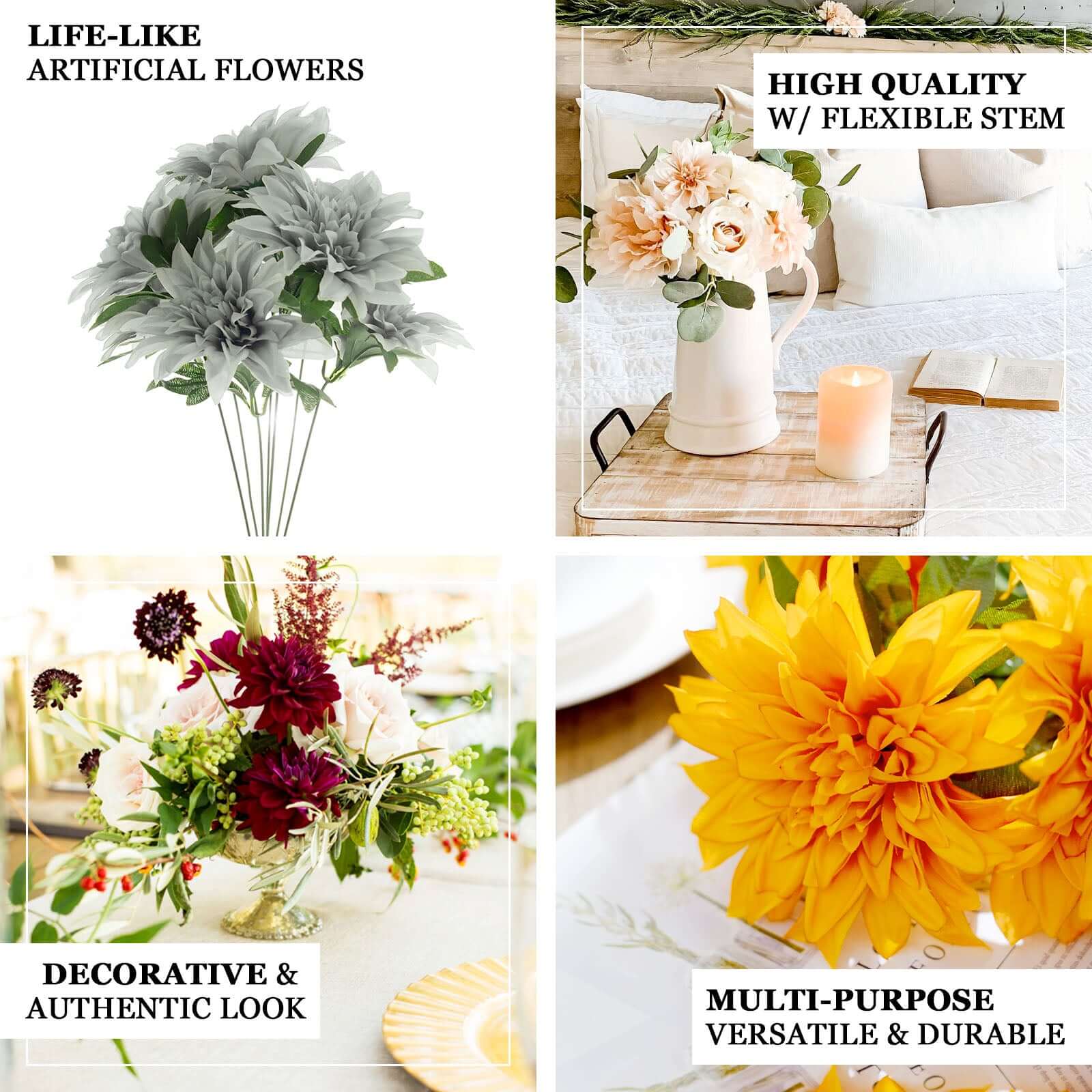 2 Bushes 20" Cream Large Head Artificial Dahlia Bouquet, Silk Bridal Flower Decorations - Bell Racket Store