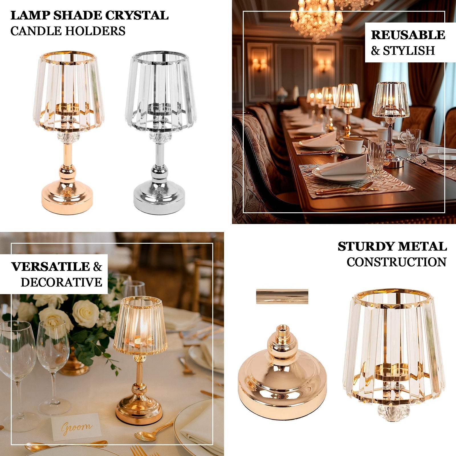 2 - Pack 11" Crystal Pendant Candle Holders - Classic Empire Lamp Shade Style in Gold, Votive Candle Stand For Table Centerpieces - Bell Racket Store