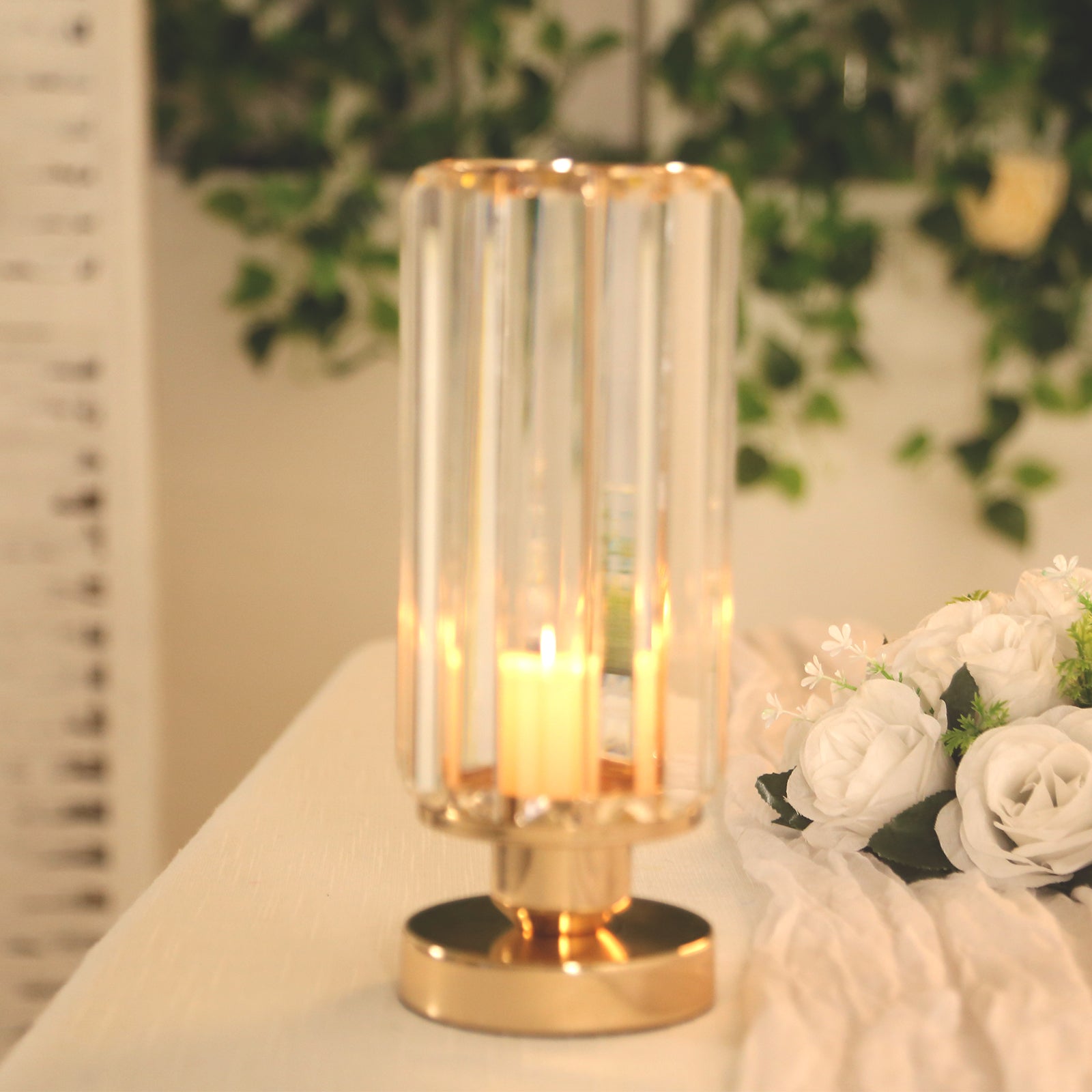 2 Pack 11" Crystal Pendant Hurricane Candle Holders in Gold, Elegant Cylinder Design for Pillar Candles, Short - Stemmed, Decorative Table Centerpieces - Bell Racket Store