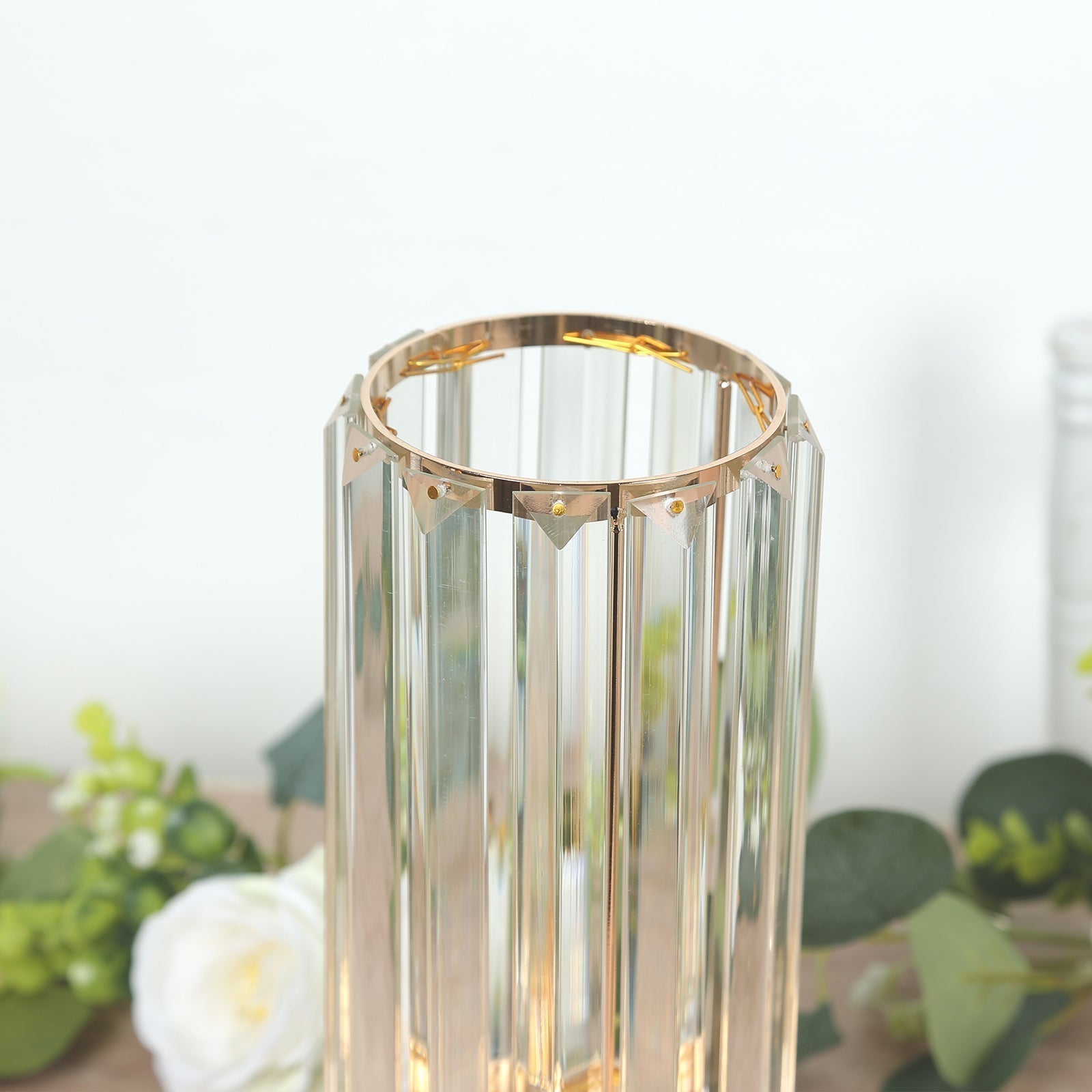 2 Pack 11" Crystal Pendant Hurricane Candle Holders in Gold, Elegant Cylinder Design for Pillar Candles, Short - Stemmed, Decorative Table Centerpieces - Bell Racket Store