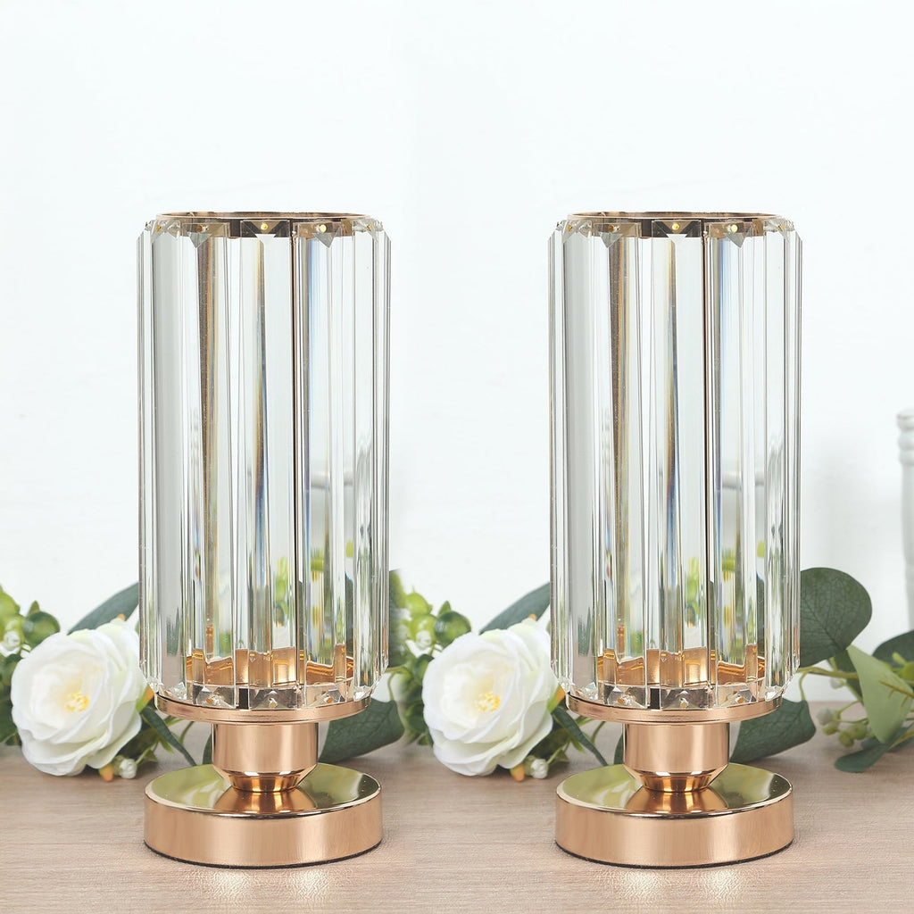 2 Pack 11" Crystal Pendant Hurricane Candle Holders in Gold, Elegant Cylinder Design for Pillar Candles, Short - Stemmed, Decorative Table Centerpieces - Bell Racket Store