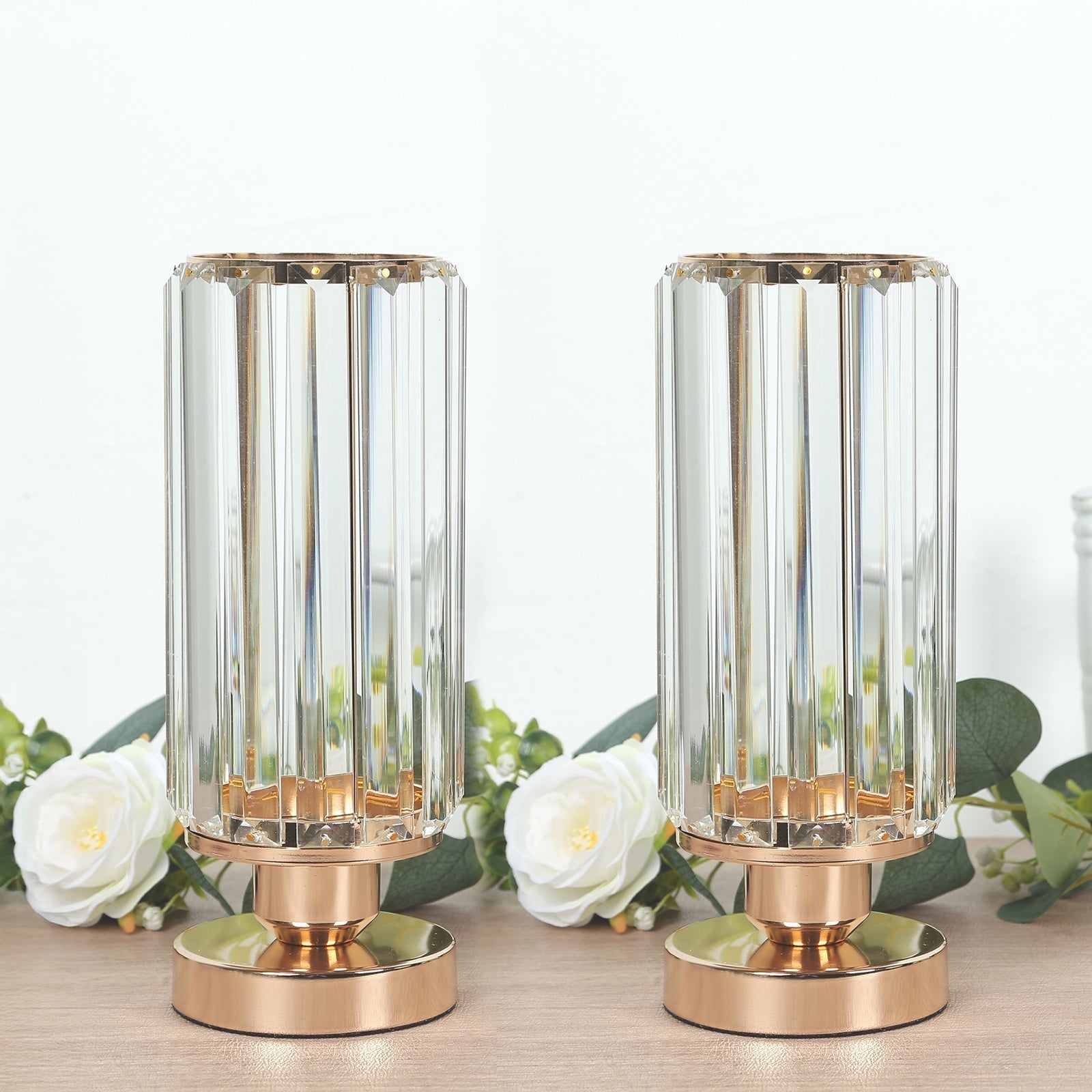 2 Pack 11" Crystal Pendant Hurricane Candle Holders in Gold, Elegant Cylinder Design for Pillar Candles, Short - Stemmed, Decorative Table Centerpieces - Bell Racket Store