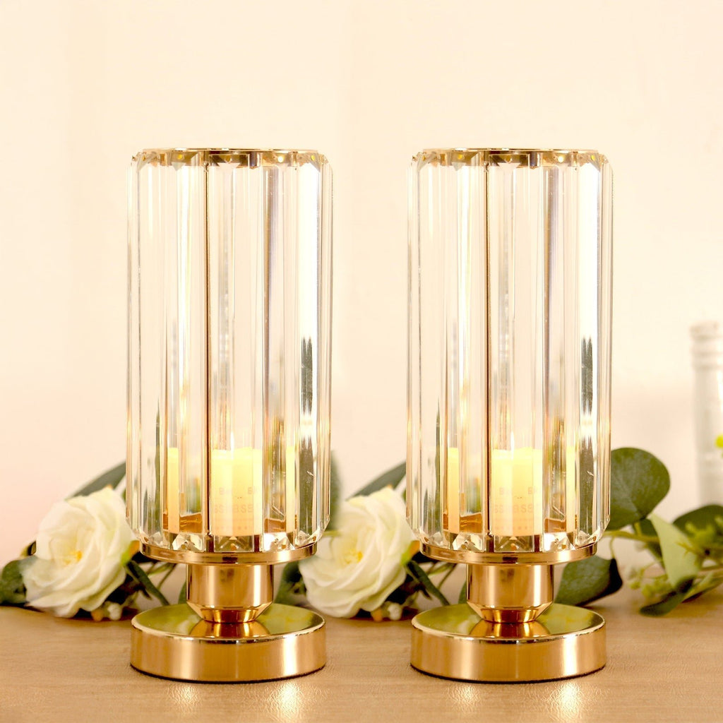 2 Pack 11" Crystal Pendant Hurricane Candle Holders in Gold, Elegant Cylinder Design for Pillar Candles, Short - Stemmed, Decorative Table Centerpieces - Bell Racket Store