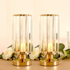 2 Pack 11" Crystal Pendant Hurricane Candle Holders in Gold, Elegant Cylinder Design for Pillar Candles, Short - Stemmed, Decorative Table Centerpieces - Bell Racket Store