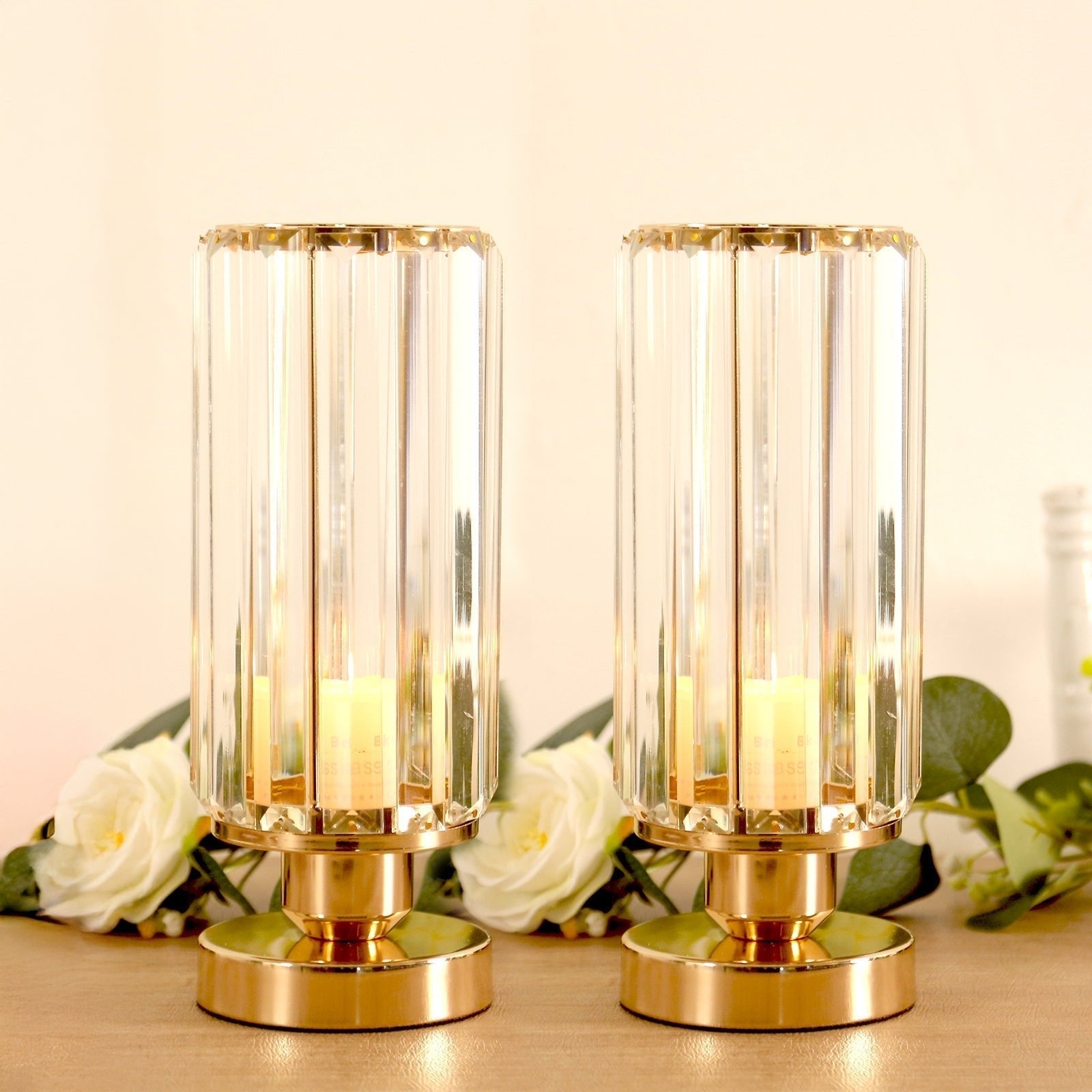 2 Pack 11" Crystal Pendant Hurricane Candle Holders in Gold, Elegant Cylinder Design for Pillar Candles, Short - Stemmed, Decorative Table Centerpieces - Bell Racket Store