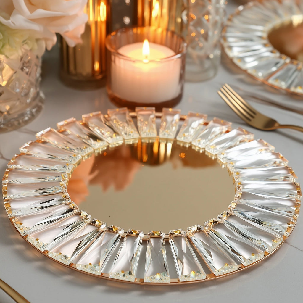 2 Pack 14" Crystal Pendant Metal Charger Plates â€“ Gold Mirror Glass Decorative Round Table Chargers - Bell Racket Store