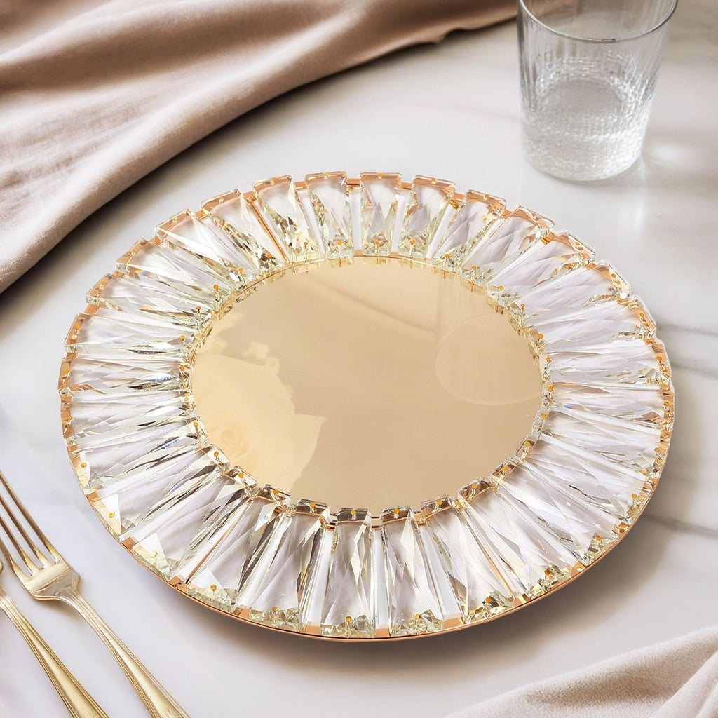 2 Pack 14" Crystal Pendant Metal Charger Plates â€“ Gold Mirror Glass Decorative Round Table Chargers - Bell Racket Store